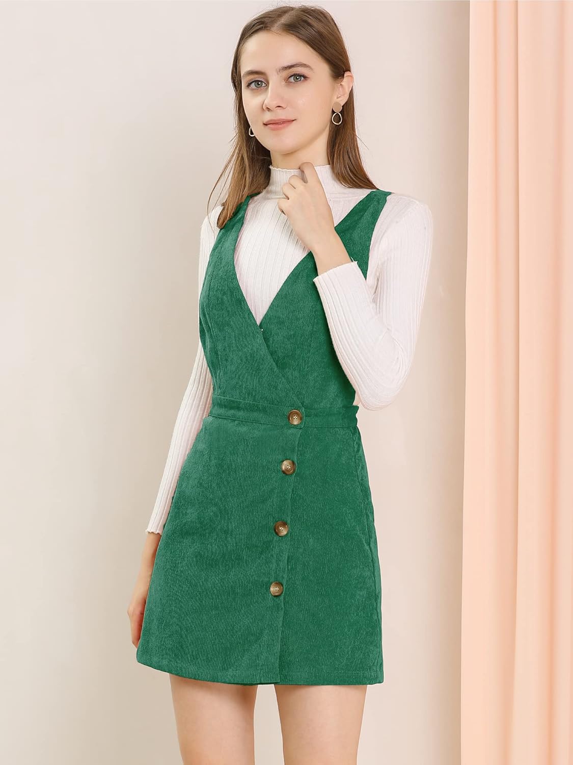 Allegra K Women's Corduroy Mini V Neck Vintage A-Line Bib Christmas Overall Pinafore Dress - Image 3