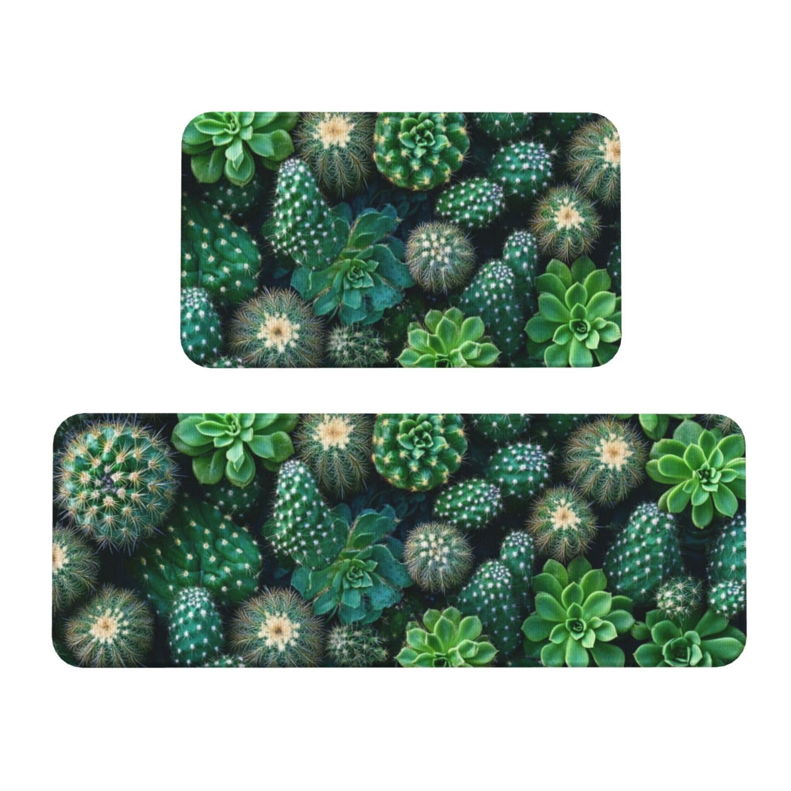 Juego de alfombras de cocina acolchadas de alta resistencia con diseño de cactus verde espinoso