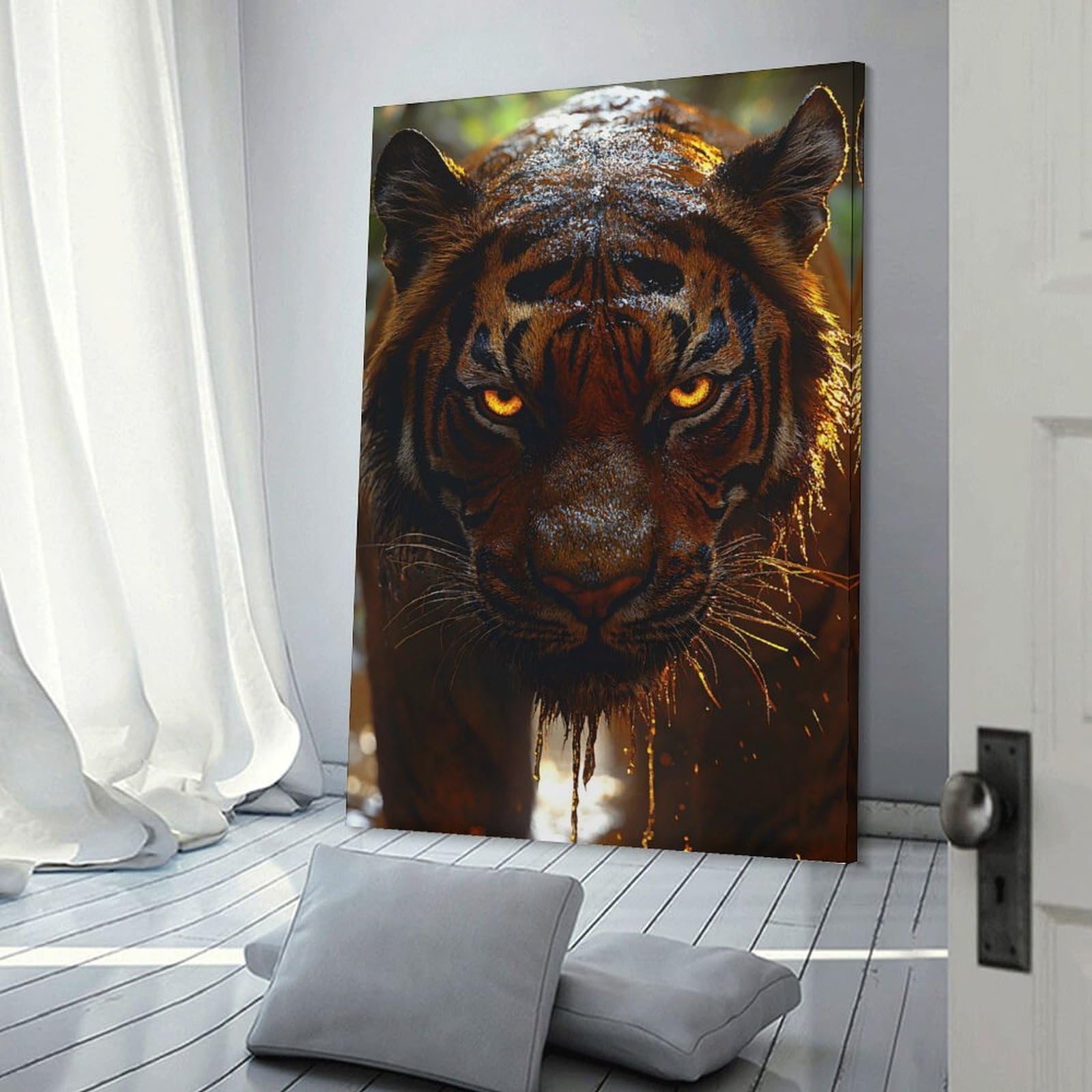 Junmoney Canvas Art Print Intense Tiger Portrait with Glowing Eyes, 24x36inch(60x90cm), for New Homes, Bedrooms Or Workspaces, Thoughtful Wall Decor for Art Lovers