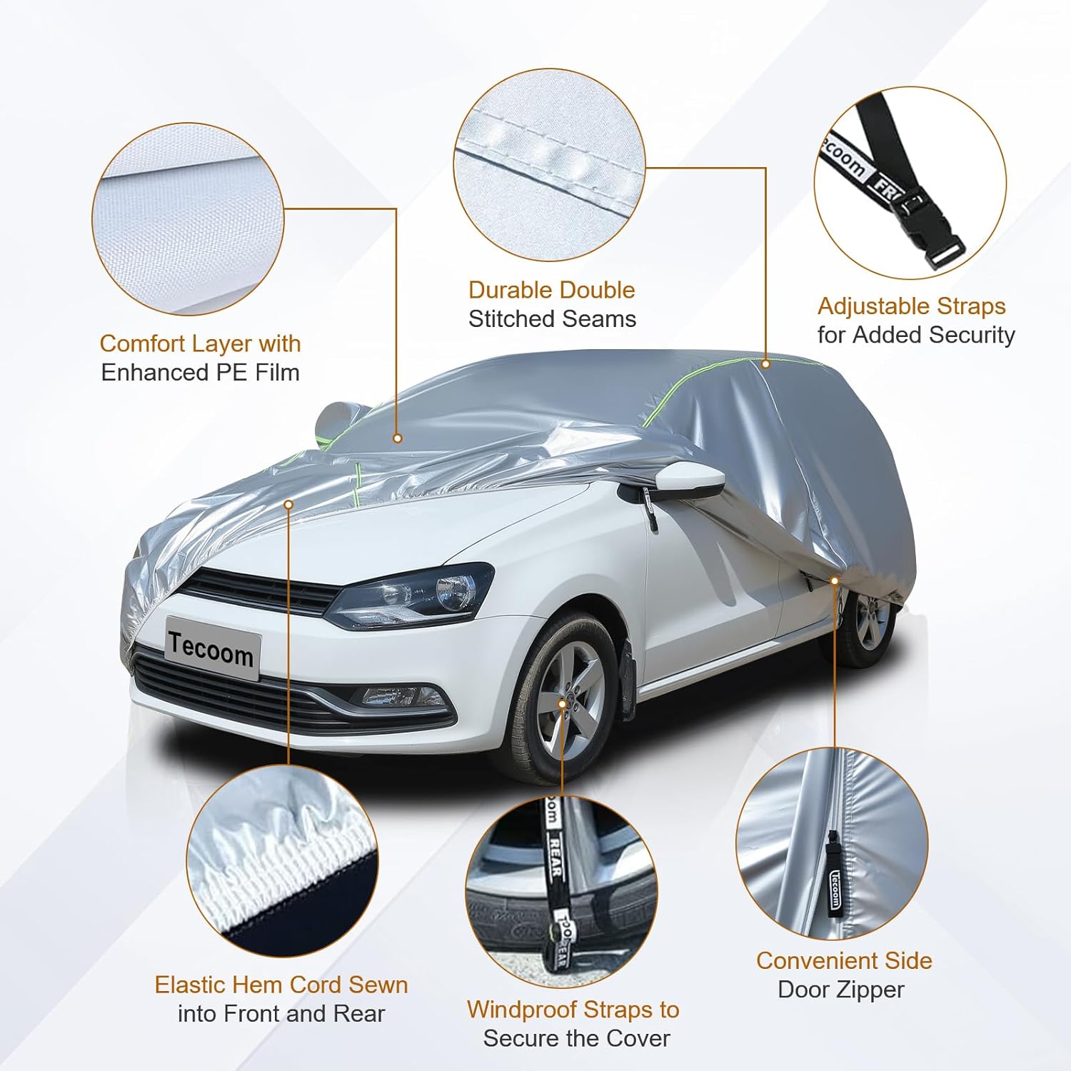 Tecoom Light Shell Car Cover Waterproof All Weather, Breathable Material with Door Zipper & Mirror Pockets, Rain Snow Sun Wind Protection Outdoor & Indoor Full Covers Fit for Hatchback (160-172")