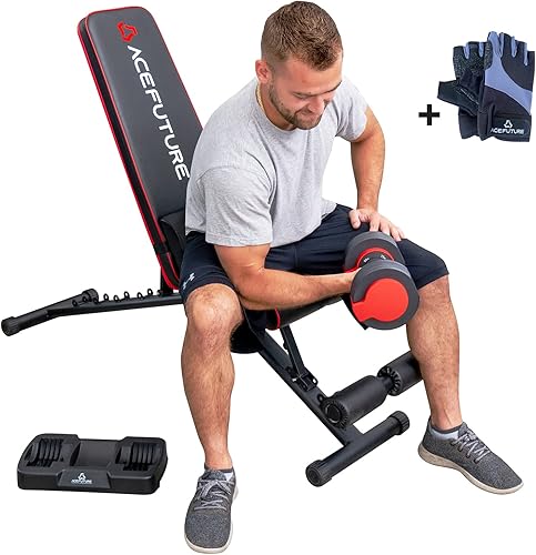 Acefuture Banco de pesas ajustable plegable para entrenamiento de fuerza en el gimnasio en casa banco de ejercicios inclinado con guantes de fitness