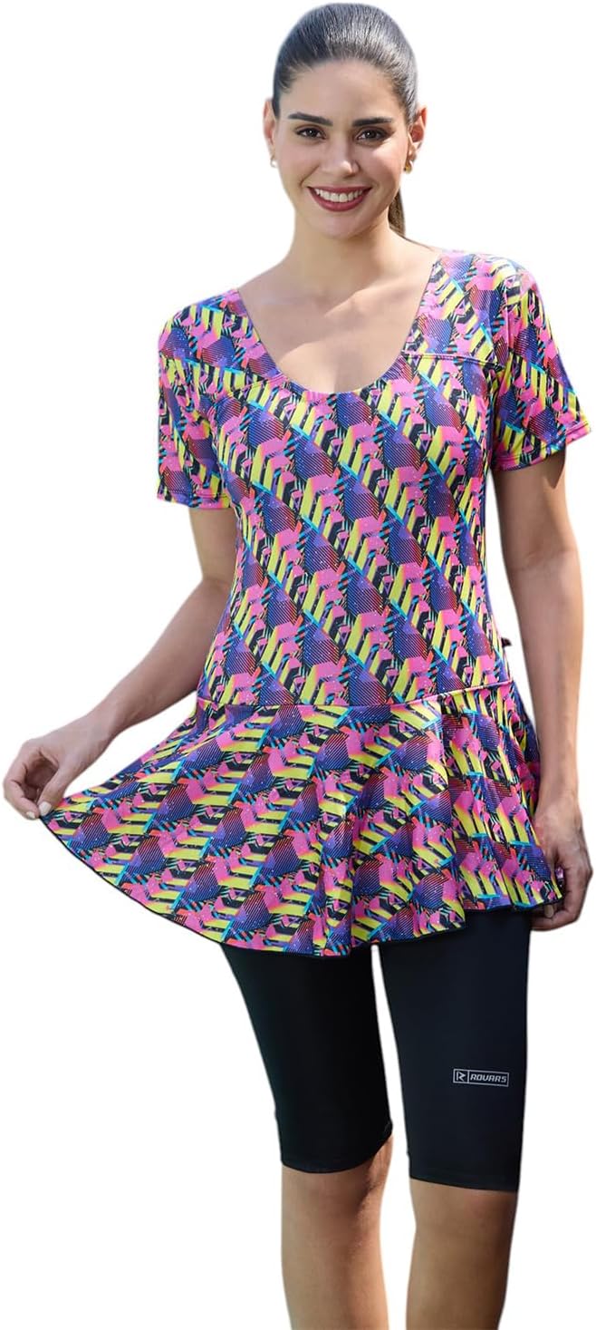 ROVARS Poly Jersy - Printed Swimming Costume for Women Frock Style [Half Sleeves - Half Length - Without Pads]