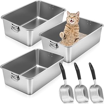 Lallisa 3 Set 201 Stainless Steel Cat Litter Box Set with Handle and Scooper 23.6" x 15.7" x 7.9" Large Nonstick Metal Litter Pan Box for Large Cats Nonstick Never Absorbs Odor