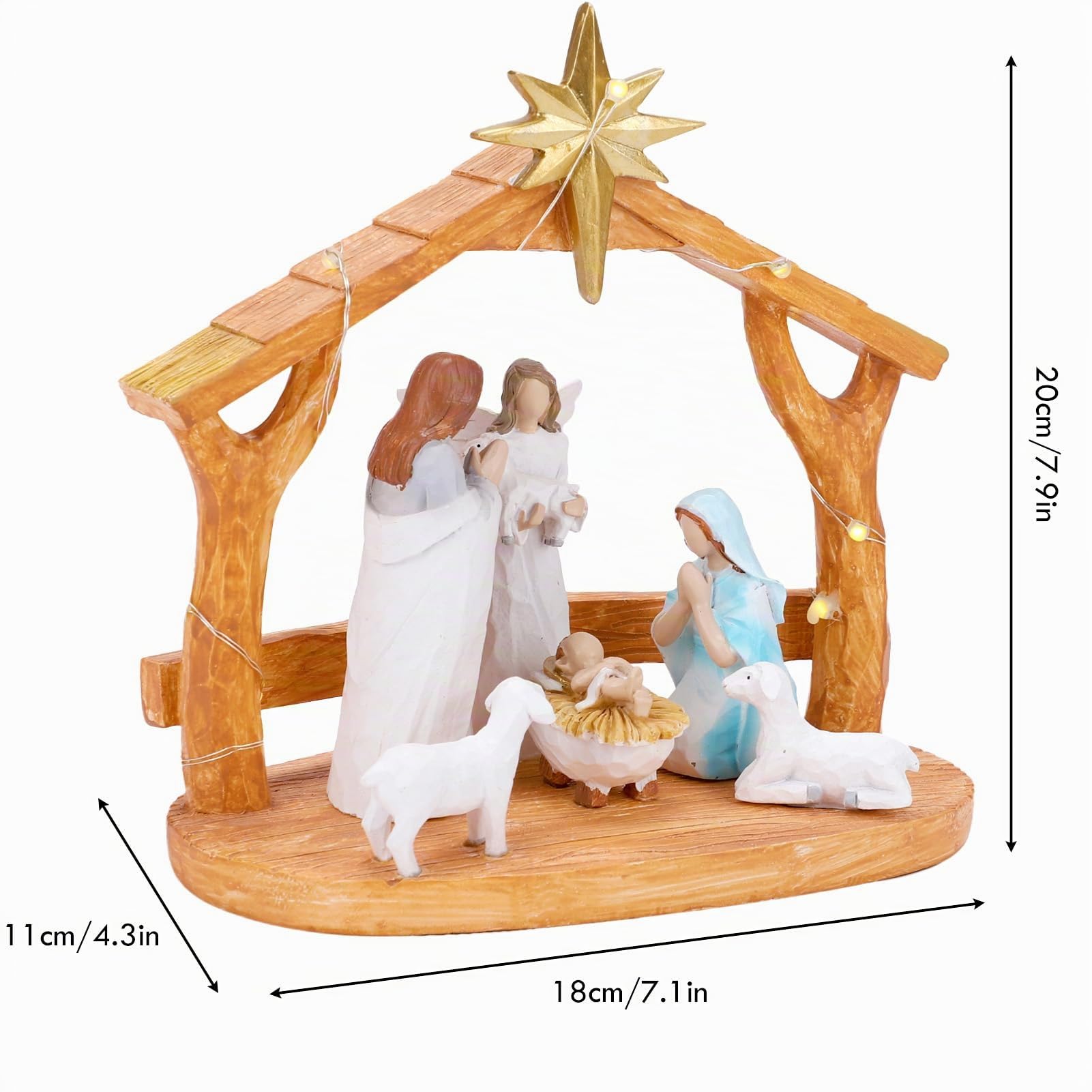 Crèche de Noël avec lumières LED – Crèche d'intérieur avec mangeoire, figurines et histoire – Décorations de Noël festives