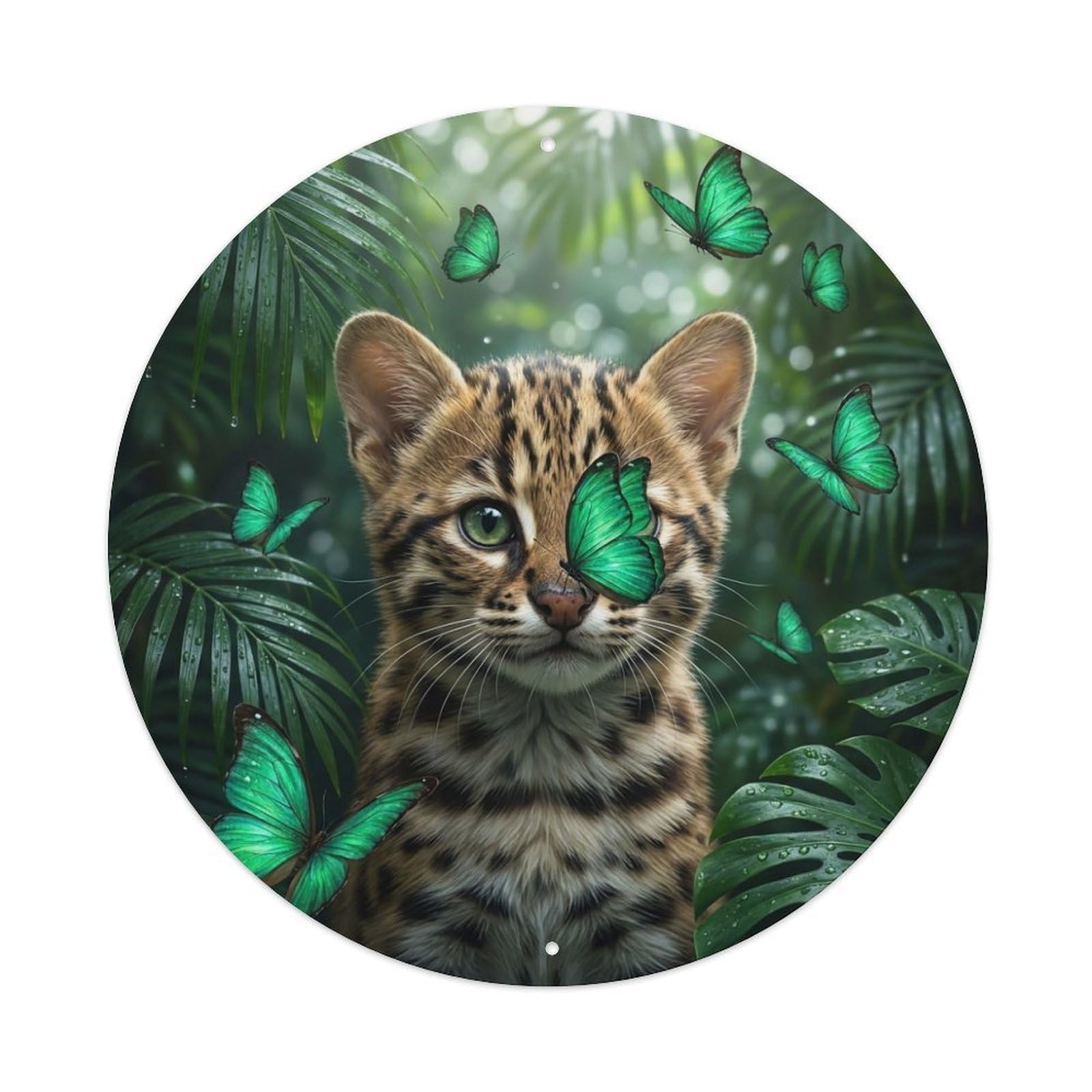 Kawaii Leopard Cat Butterfly Jungle Wild Feline Animal Style Metal Tin Sign Plaque Wall Decor for Cafe, Man Cave, Club Bar, Office, Home Garden Round Metal Poster 8x8Inch