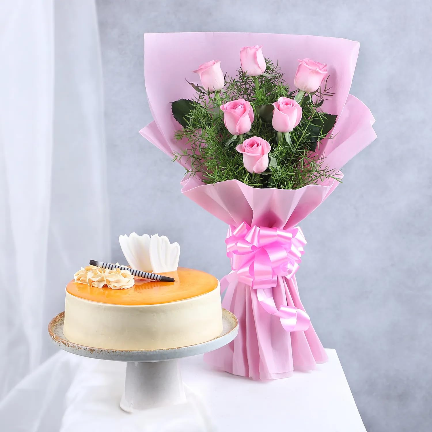Pretty In Pink Rose Bouquet With Cake Combo-image-10