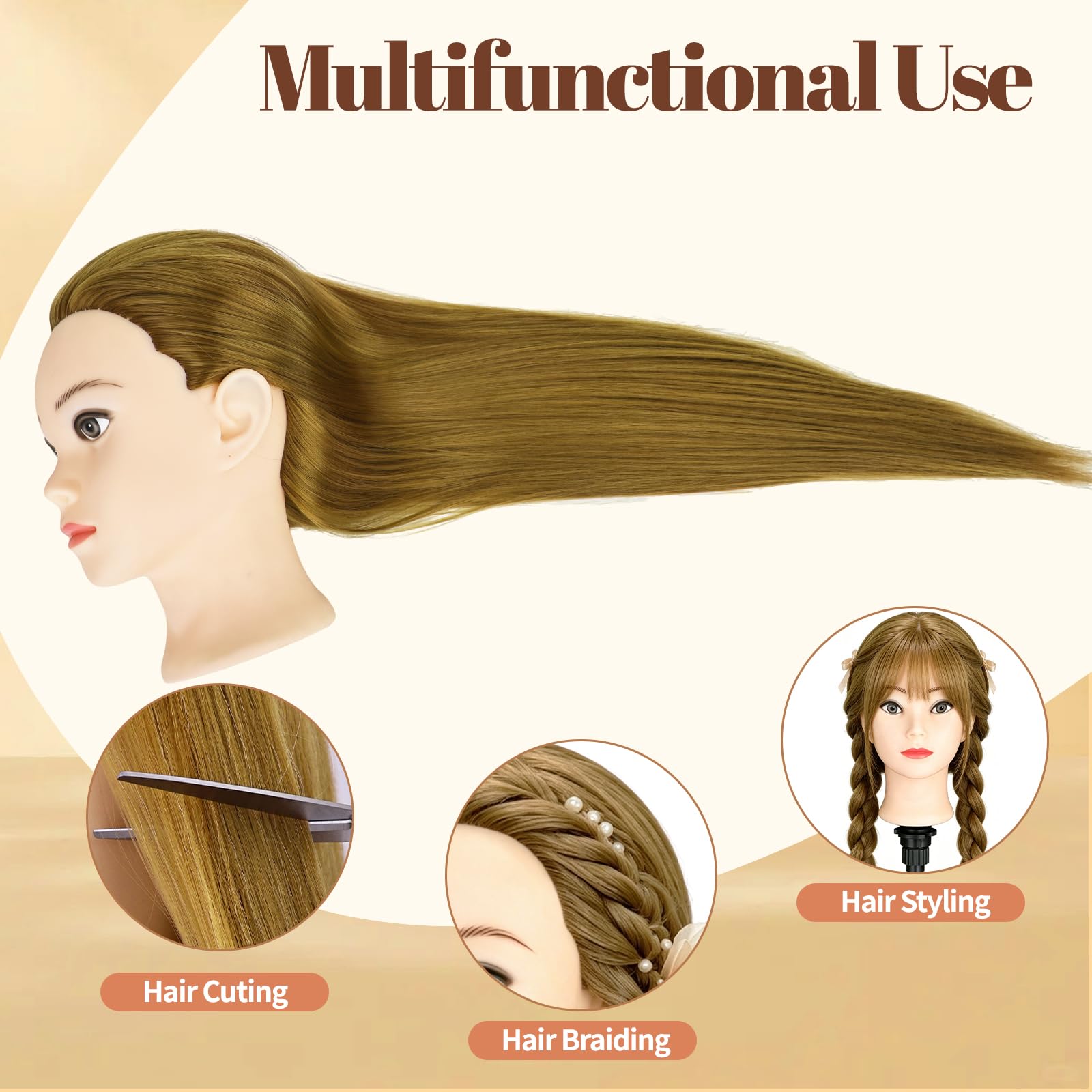 Yofuly 28-29Zoll / 71–74cm Frisierkopf mit Ohrlöchern, 100% Kunsthaar, Übungskopf Frisieren Trainingsköpfe Puppenkopf Friseur Mannequin Kopf mit Tischklemme + DIY-Zopfset (Blond)