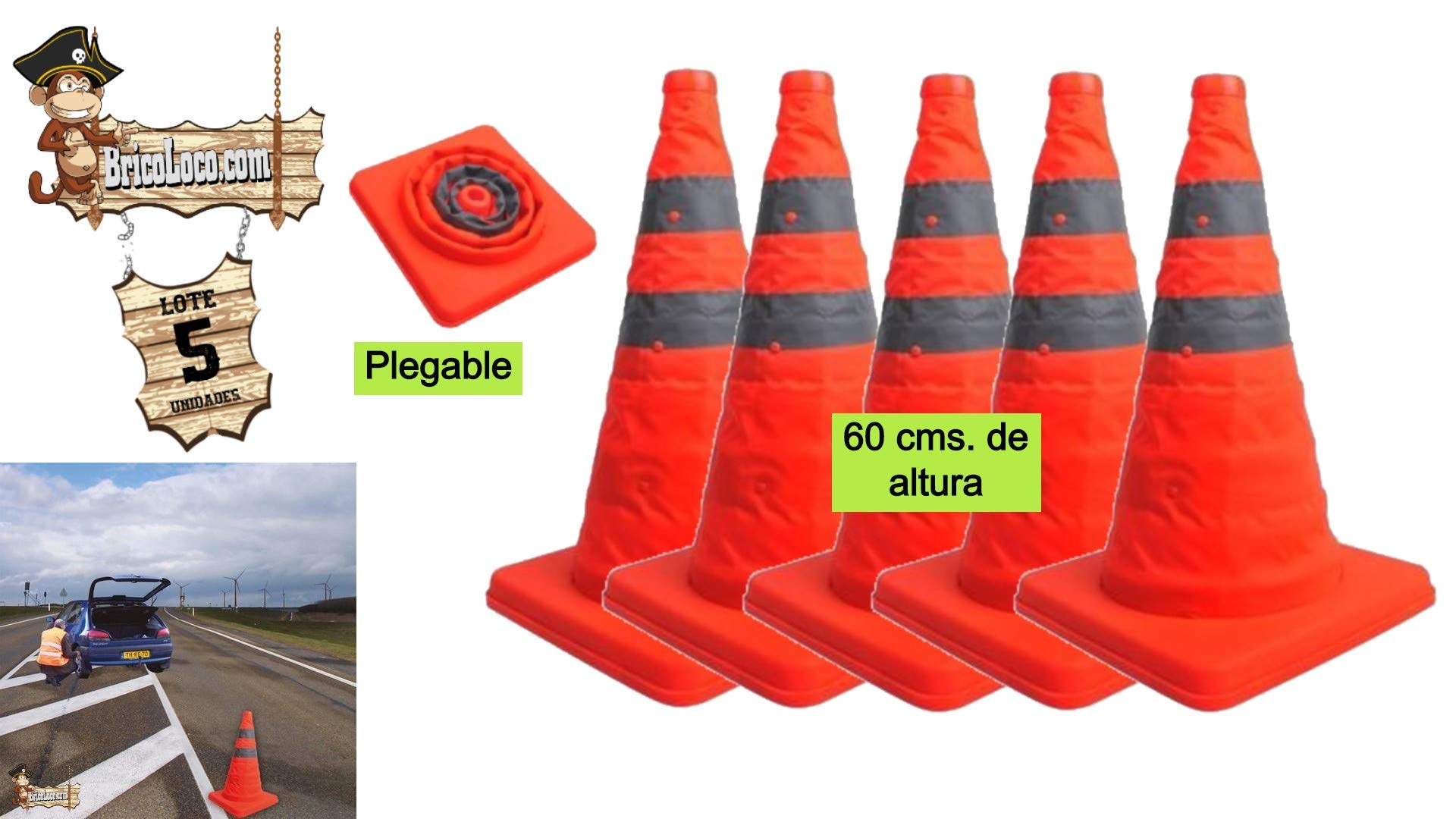 BricoLoco Pack 5 uds Cono señalización carretera plegable 60 cm 2 bandas reflectantes, naranja. Señalización o balizamiento en carretera tráfico, entrenamiento, obraFluorescente y reflectante.