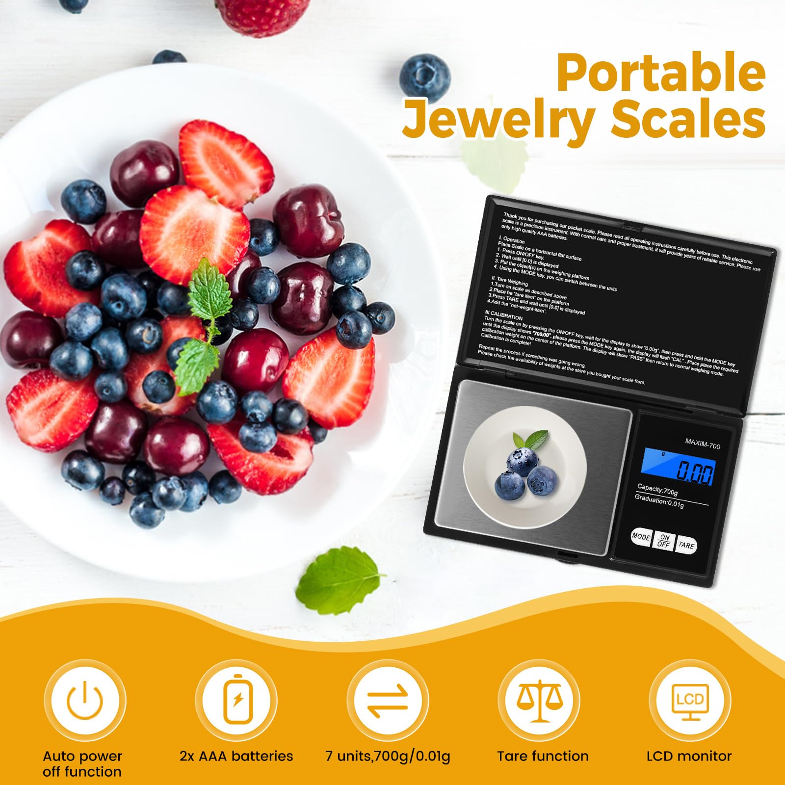 Balance de Précision Oderra 700g/0.01g, Balance à Bijoux Portable avec Écran LCD Rétroéclairé
