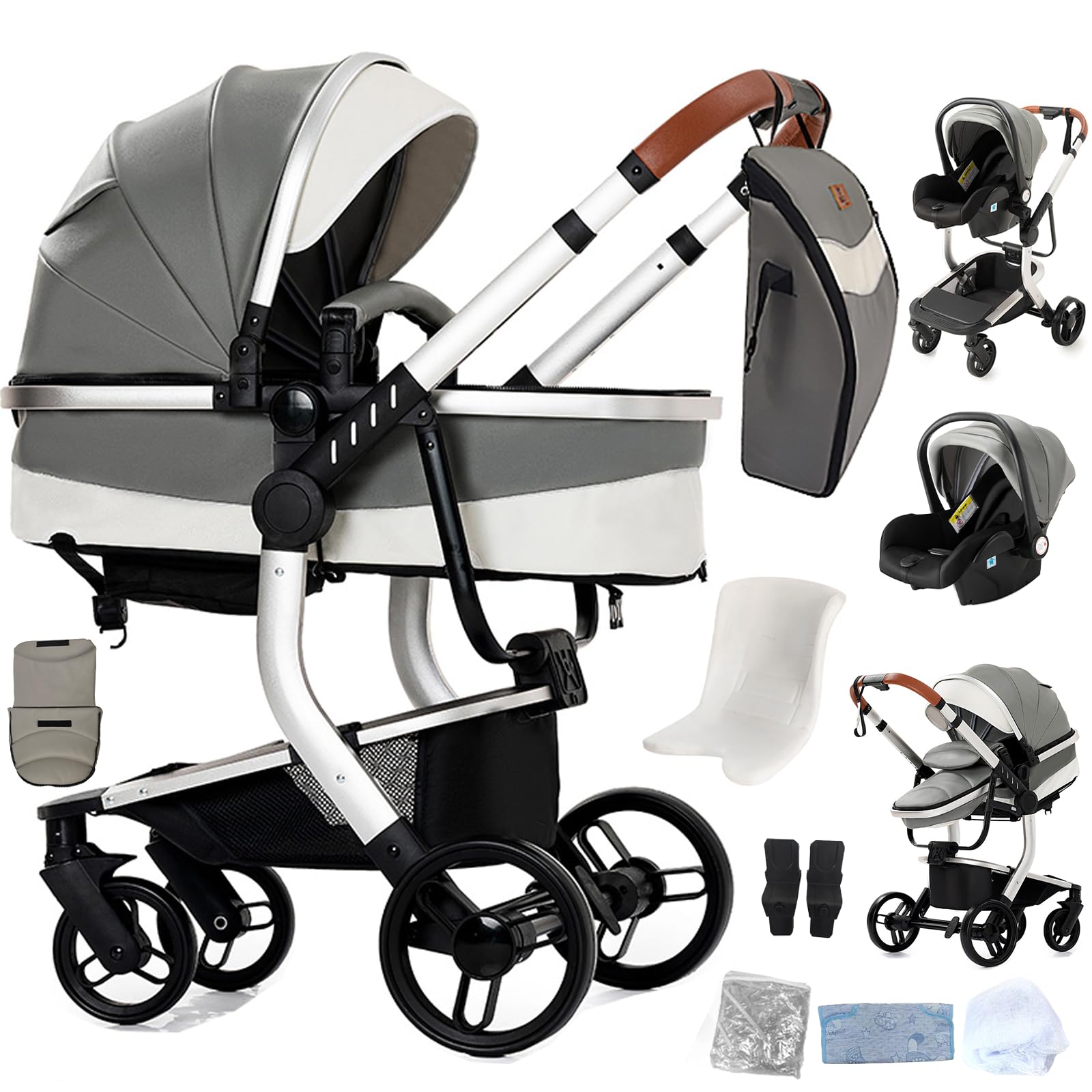 Passeggino 3 in 1 con culla telaio magnesio rinforzato imbracatura 5 punti carrozzina reversibile grigio