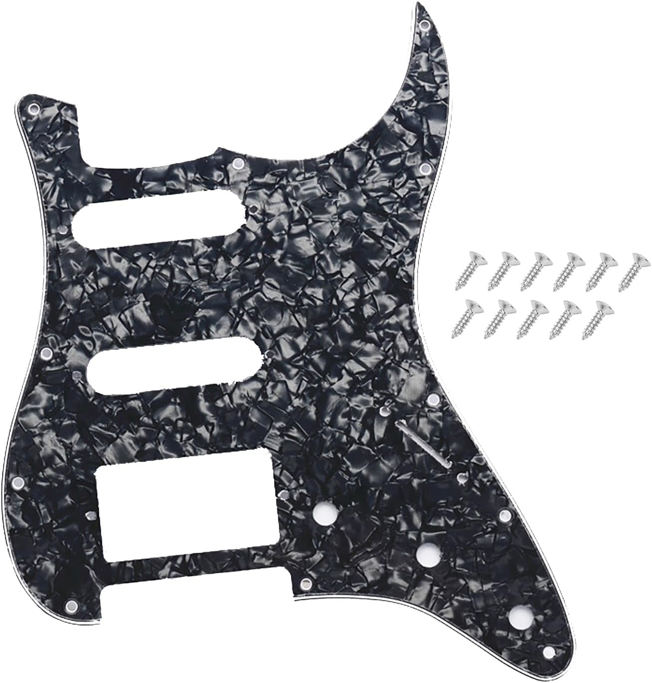 Pro 11-Hole Round Corner HSS Guitar Strat Metal Aluminum Pickguard for USA/Mexican Stratocaster 4-screw Humbucking Mounting Open Pickup, Silver-1ply (Anodized Aluminum).