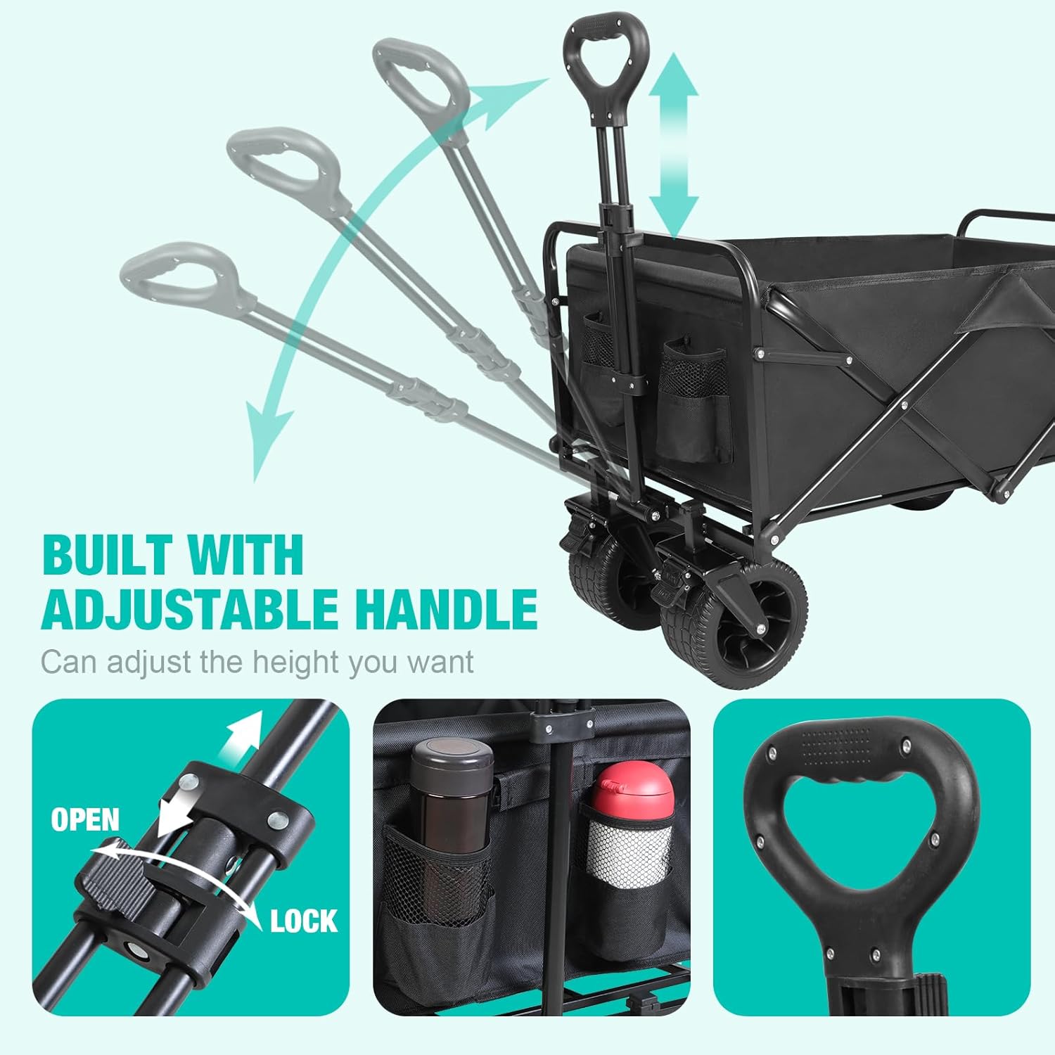 Collapsible Beach Wagon with All-Terrain Big Wheels,Folding Wagon Carts Heavy Duty with Adjustable Handle for Outdoor,Garden,Sports and Grocery, 220lbs Capacity, Black