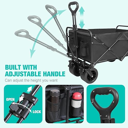 Miniatura 5 de Carro de playa plegable con ruedas grandes todo terreno, carros plegables resistentes con mango ajustable para exteriores, jardín, deportes y