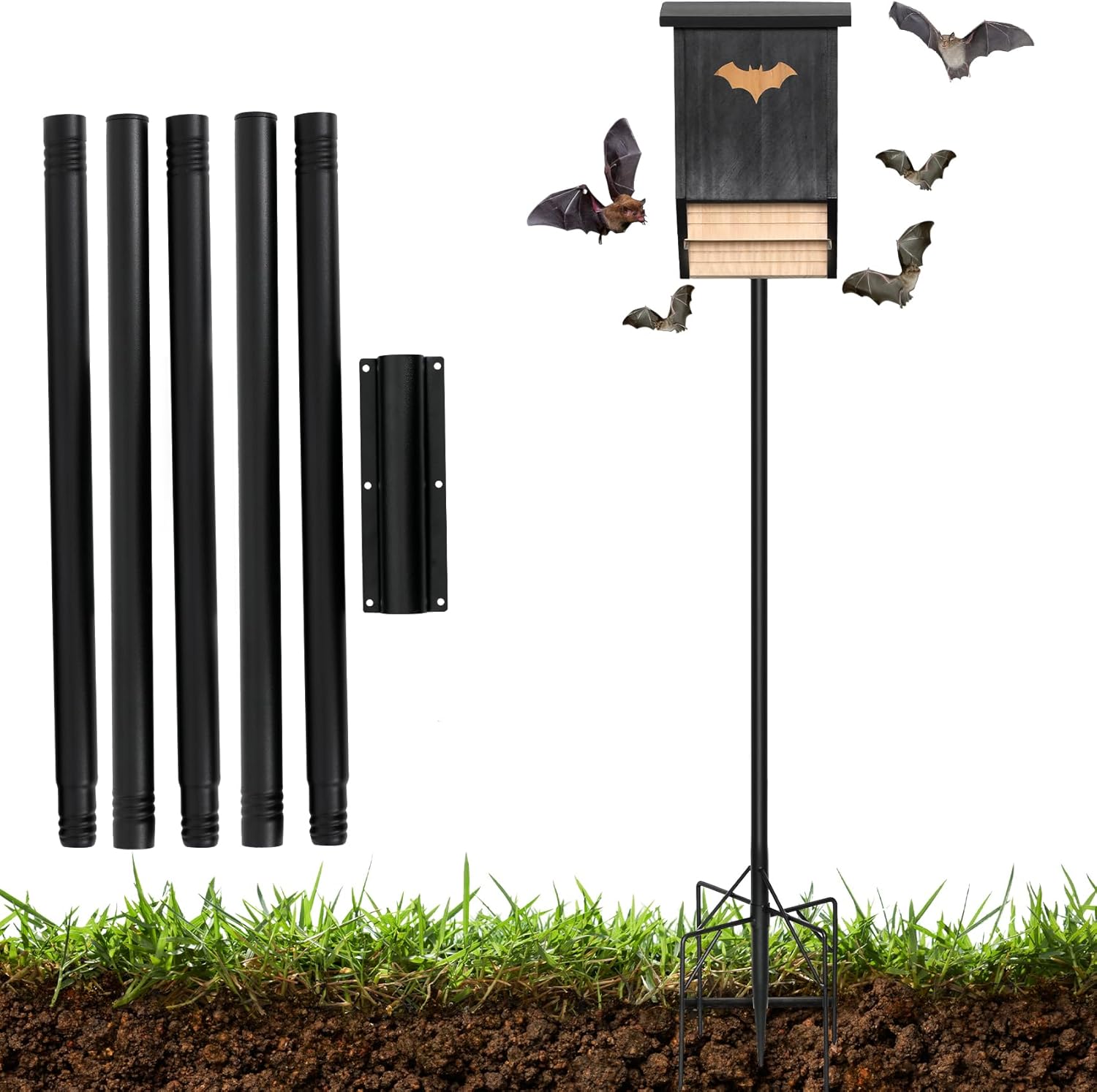 15 FT Bat House with Telescoping Pole Kit, Heavy Duty 10-Section Adjustable Martin Bat House Pole with Ground Socket, Complete Outdoor Metal Pole Set for Birdhouses Wildlife Nesting