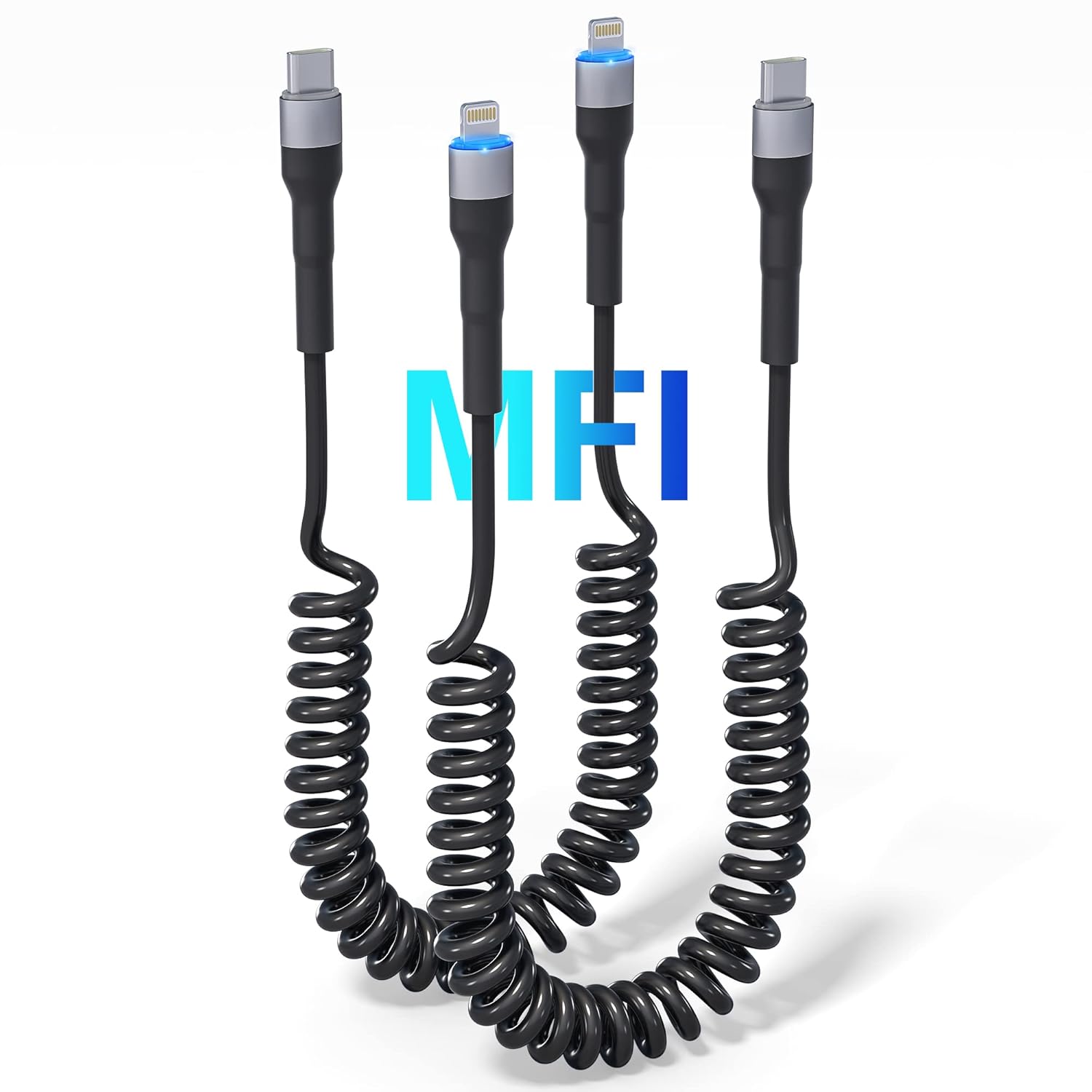 2 Pack Coiled Lightning Cable USB C, MFi Certified Apple Carplay Cable
