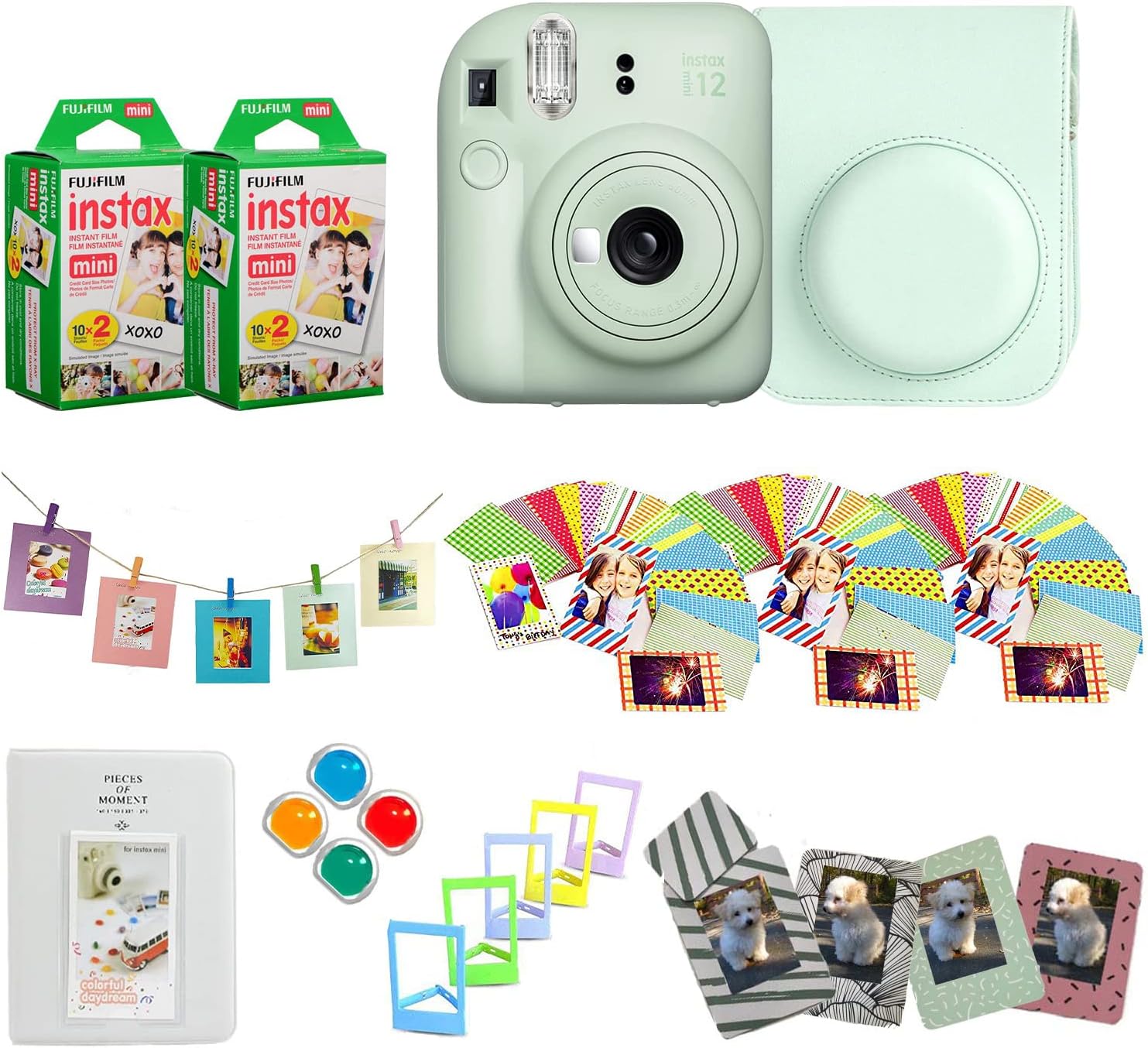 Fujifilm Instax Mini 12 Instant Camera + Pro Design Accessory Bundle with Protective Case, Magnetic Frames, Album, Frames Design Kit (40 Sheets) (Mint Green)