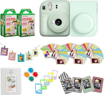 Fujifilm Instax Mini 12 Instant Camera + Pro Design Accessory Bundle with Protective Case, Magnetic Frames, Album, Frames Design Kit 40 Sheets Mint Green