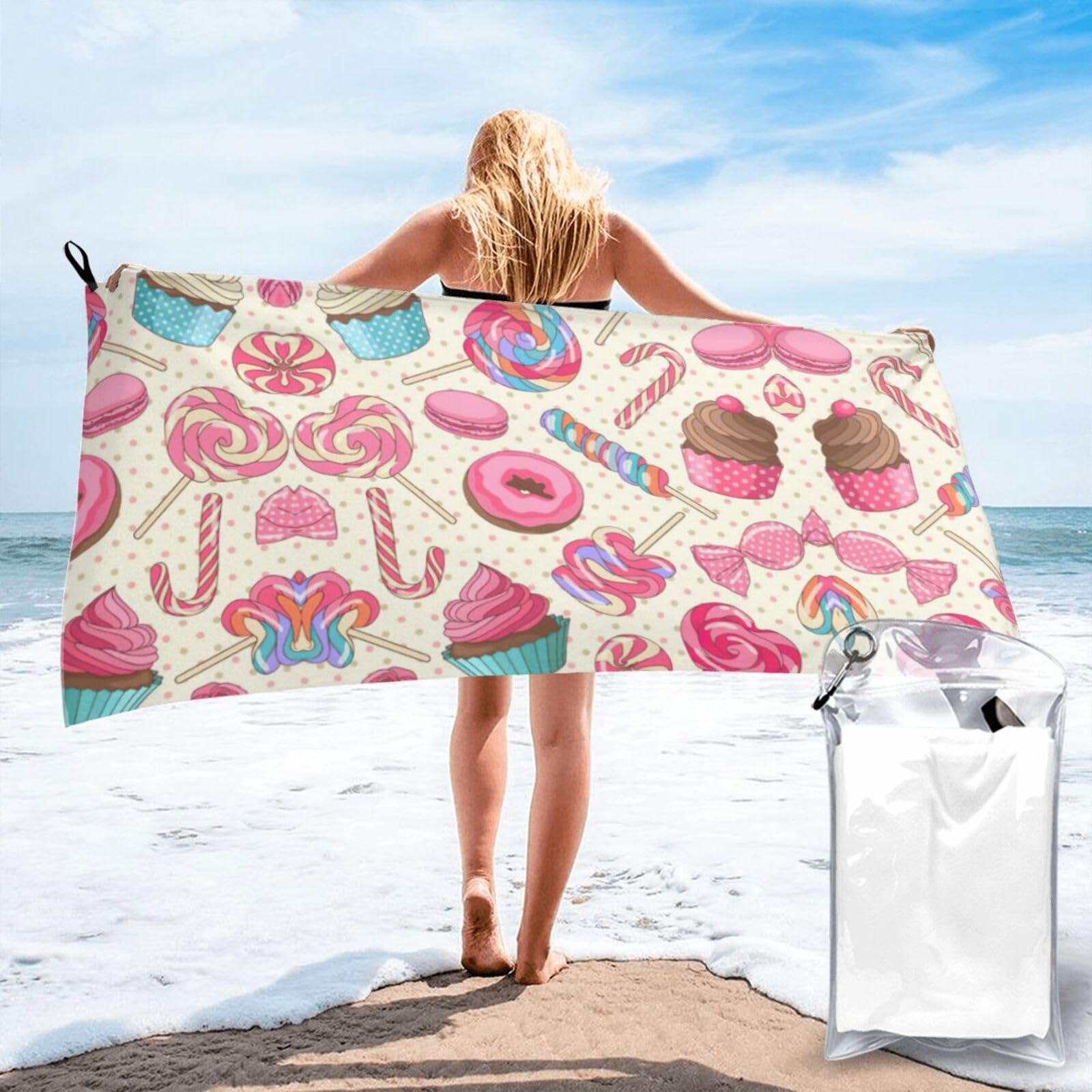ENGhjes Colorful Sweet Lollipop Cupcake Donut Print Camping Towel Fast Drying Bath Beach Shower Wrap For Gym Camping Vacation Adults Portable Gift
