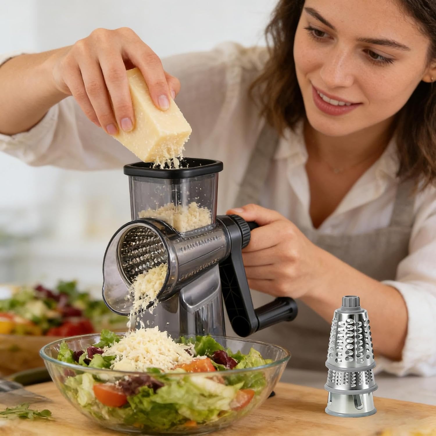 Manual Cheese Grater, Rotary Hand Crank, Vegetable Cutter Tool, Stainless Steel Blade Sturdy Easy Clean Design, for home countertop camping food vegetable potato carrot cheese shredding 25x16cm
