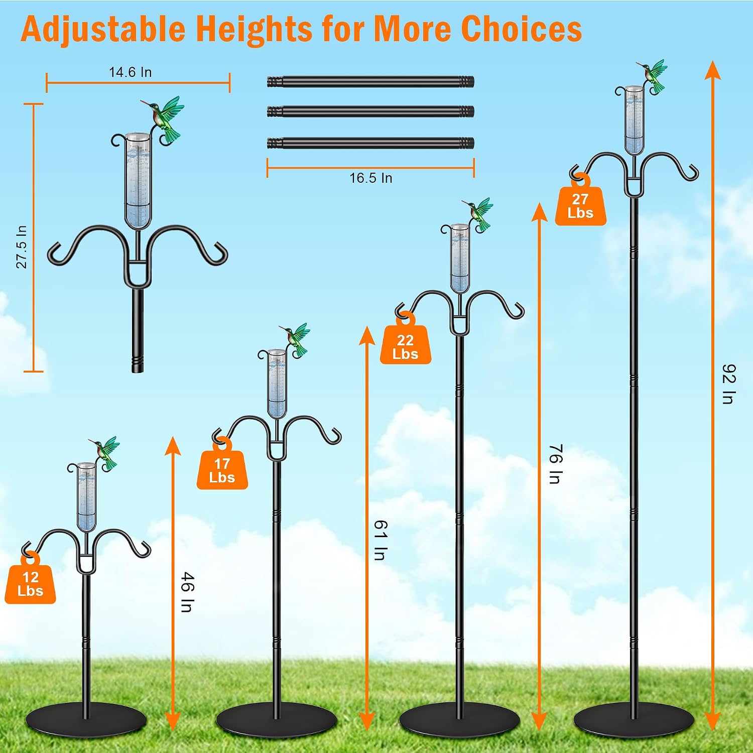 92" Bird Feeder Pole Adjustable, 3/4" Thick Shepherds Hooks for Bird Feeder Stand Hanger Post with Precipitation Cup for Hummingbird, Lantern, Plant