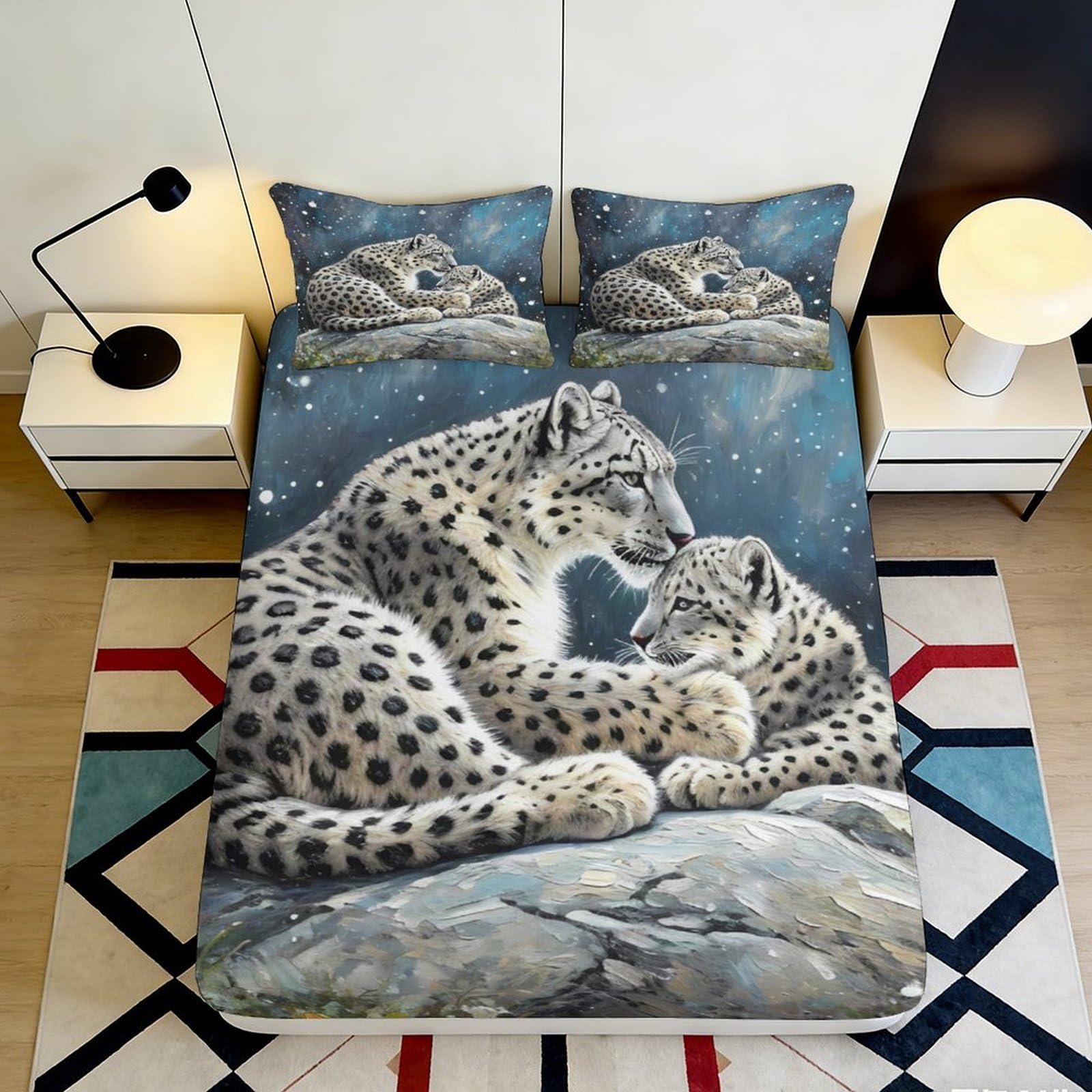 Pnayamiorkfel Style-7 3D Printed Snow Leopard Family Fitted Sheet Microfiber Soft Animal Art Bed Cover For Bedroom Guest Room Decor 90X200x25cm