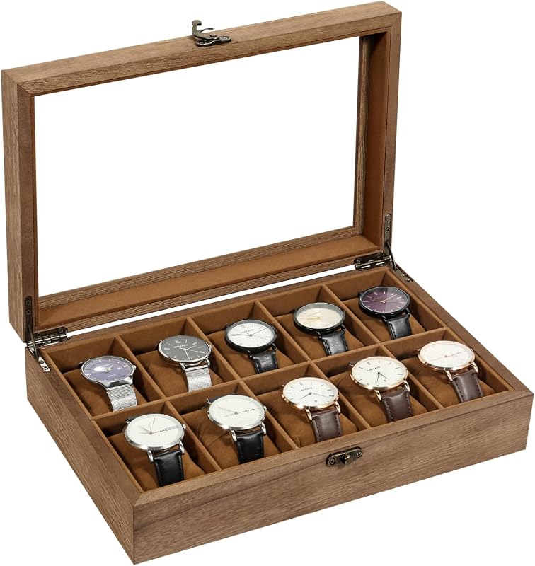 Uten Wooden Watch Case 10 Slot, Watch Jewelry Display Box with Glass Lid | Watch Holder Organizer, Natural Paulownia Wood, Soft Velvet Lining, Gift Idea for Men and Women, Birthday, Anniversary