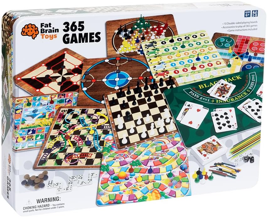 Fat Brain Toys 365 Games in Tin Case - Jumbo Game Tin - 365 Classic Family Games Classic & Retro Toys for Ages 7 to 10