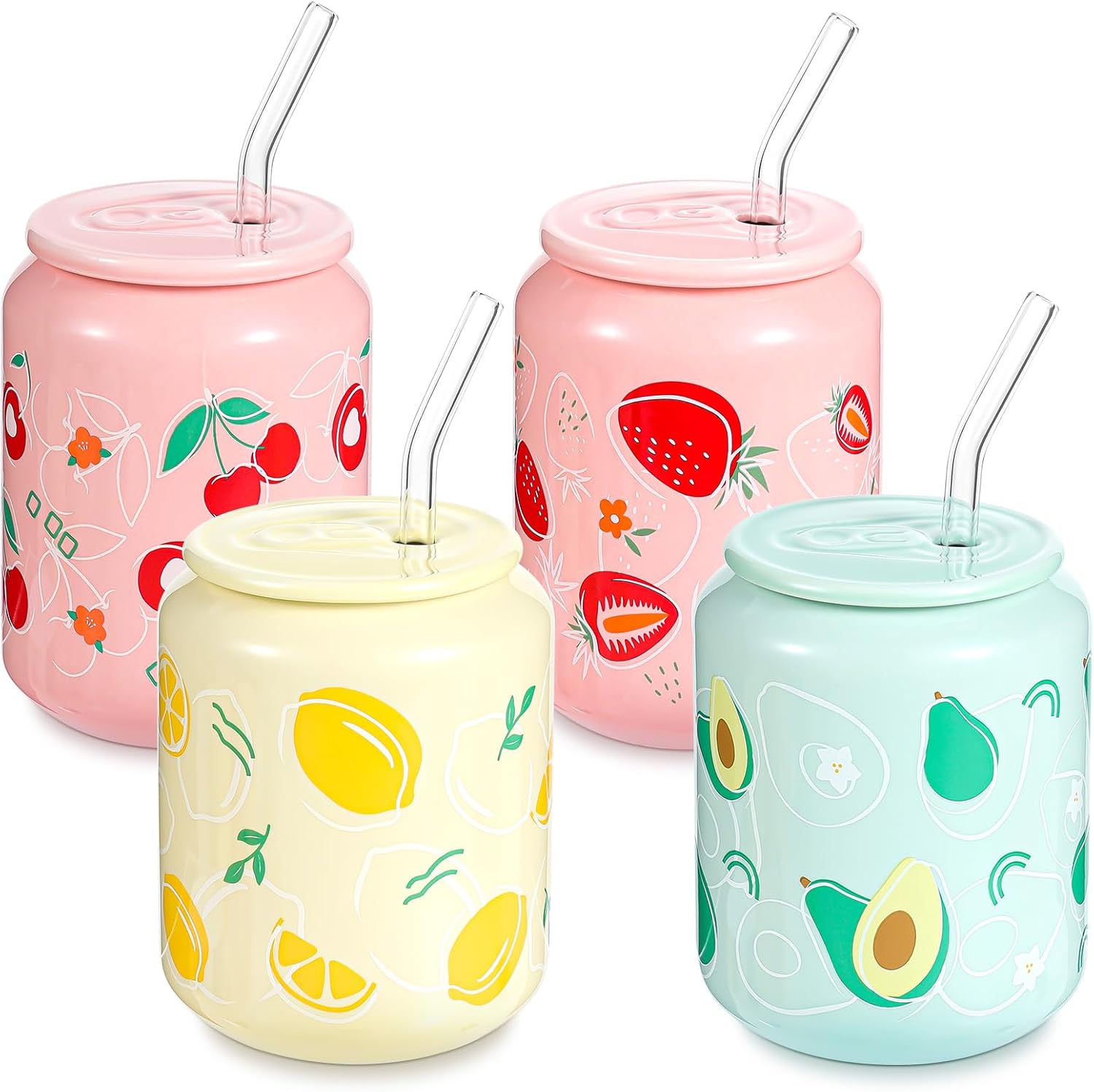 4 Pack Cute Coffee Mugs with Lid and Straw, 14 oz Fruits Pattern Ceramic Cups, Handmade Strawberry Lemon Cherry Avocado Mugs for Office Home, Christmas Gifts for Women, Hot Ice Water, Chocolate Milk
