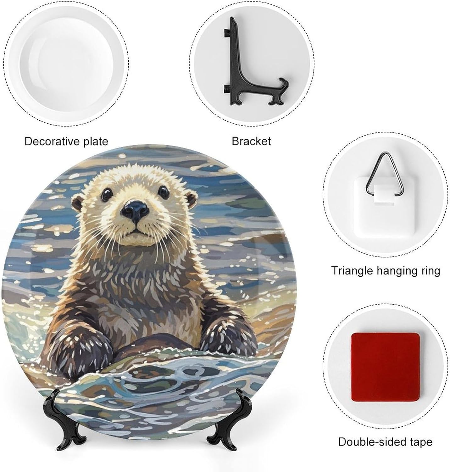 Sea Otters Painting Bone China Decorative Plate with Display Stand, Ceramic Ornaments Plate for Wall Hanging, Personalized Porcelain Plates for Office, Living Room 8inch
