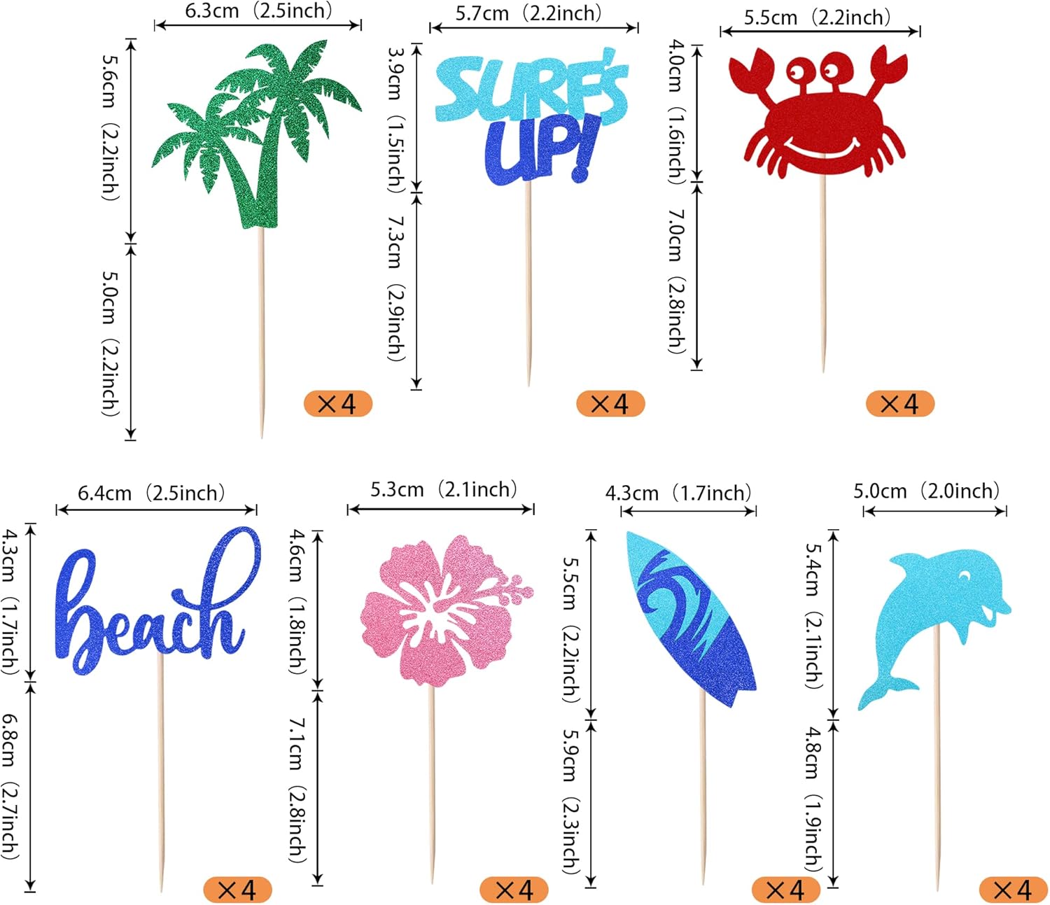 Rsstarxi 28 PCS Summer Beach Cupcake Toppers Glitter Surf's Up Surfboard Cupcake Picks Dolphin Crab Flower Cake Decorations for Hawaii Beach Theme Wedding Baby Shower Birthday Party Supplies