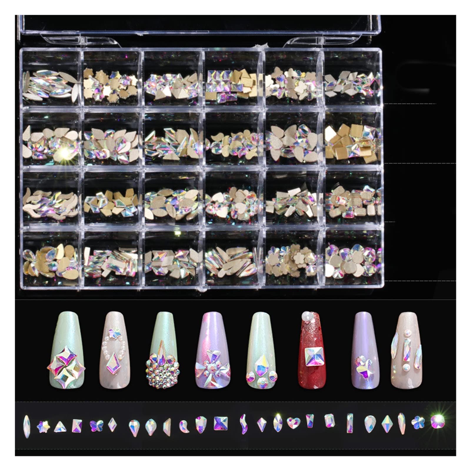 1 caja 480pcs 3D Rhinestones Ab Patrones de espalda plana Piedras brillantes Decoraciones de arte de uñas Tamaño mixto Gems de uñas Accesorios de estrás de cristal wanglan(Color:AB color)