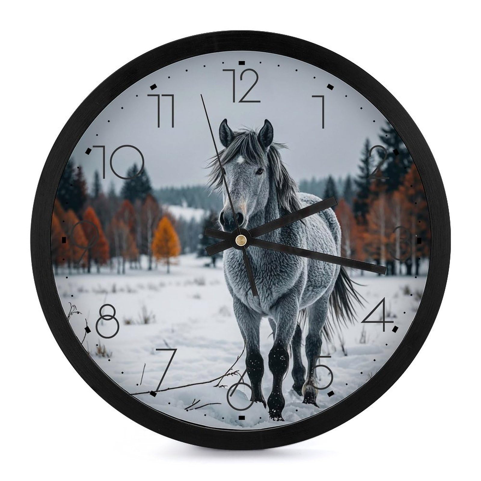 Horloge murale 25 cm cheval gris et paysage d'hiver silencieuse
