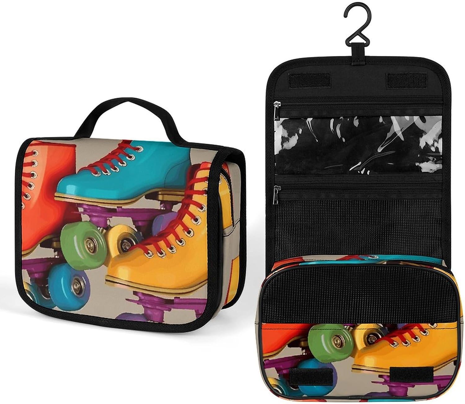Hanging Retro Colorful Roller Skates Printed Toiletry Bag Travel Toiletry Bag Foldable Large-capacity Design Suitable for Travel, Fitness, Camping, Home Use, Etc.