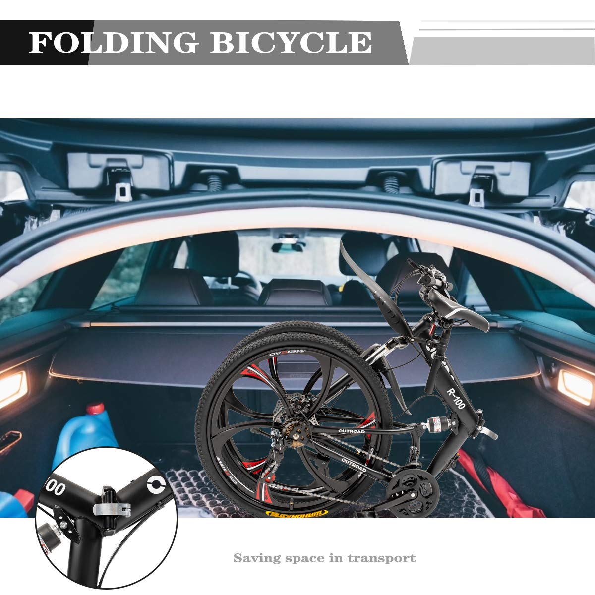 Outroad 26 Inch Folding Mountain Bike, 21 Speed Full Suspension High