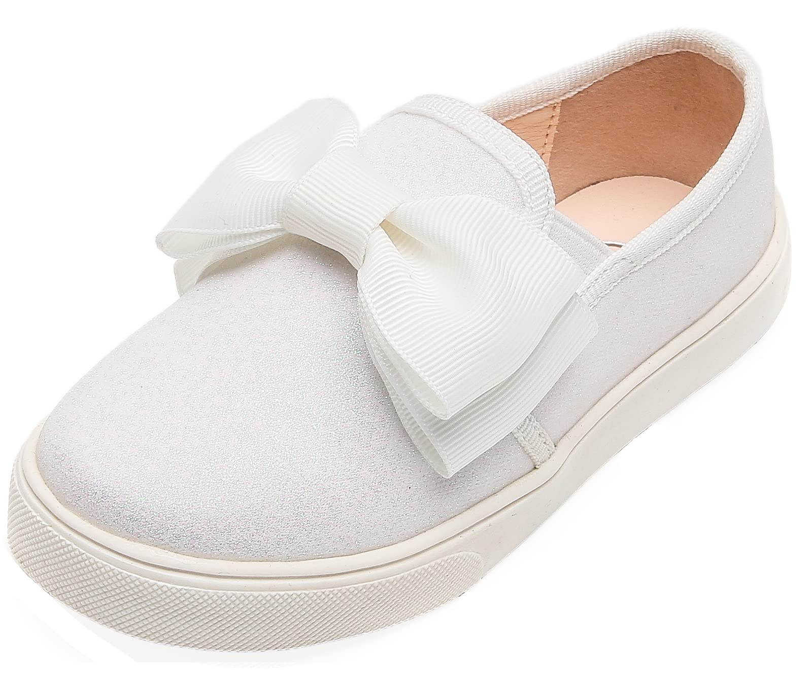 WUIWUIYU Girls Toddlers School Uniform Shoes Loafers Sneakers Slip on Bow Sparkly Walking Casual Glitter Shoe Flats