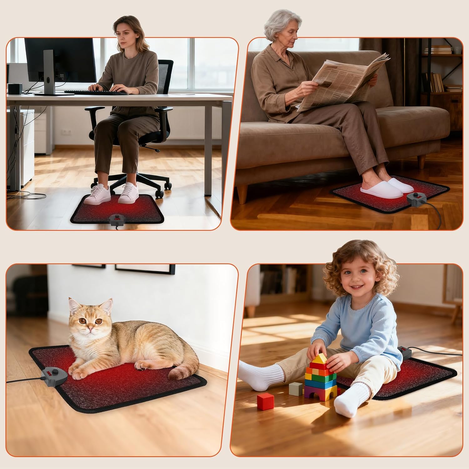 Heated Floor Mat Under Desk for Foot Warmer - Wider 110V Adjustable Temperature Electric Space Heaters Heating Pad - Carbon Crystal & Energy Saving Feet Warmers for Office,Home (Black Gray)