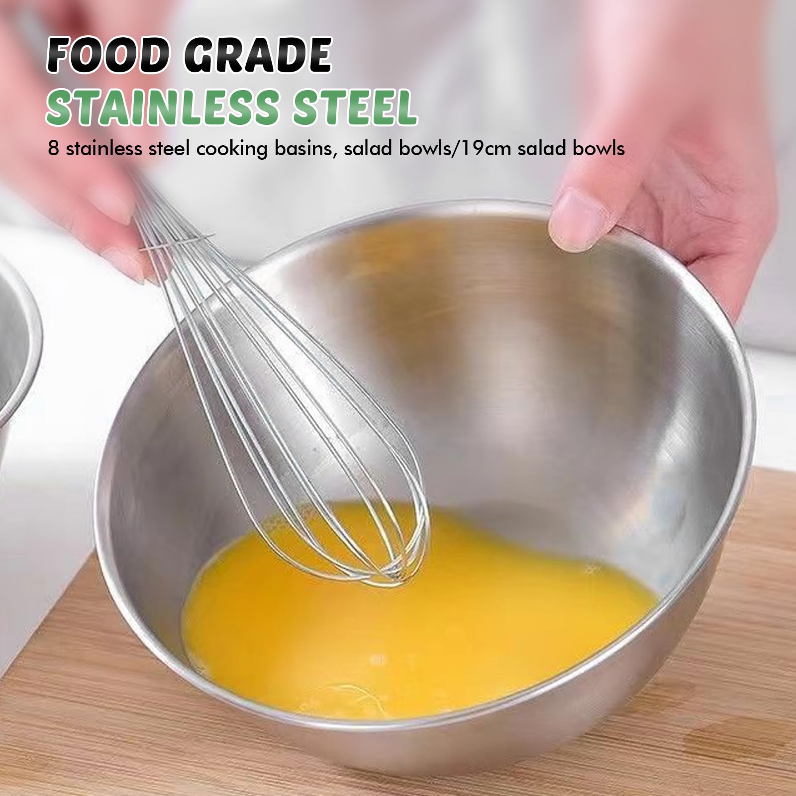 Lot de 8 saladiers empilables en acier inoxydable - Diamètre : 19 cm - Bols de qualité supérieure avec marques de mesure - Saladiers pour salade, collations, sauces, céréales