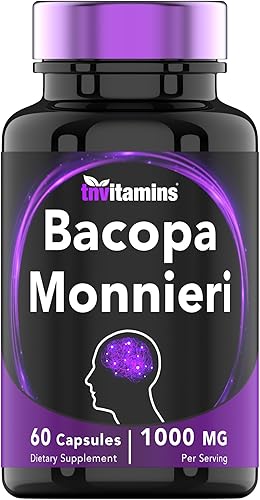 tnvitamins Cápsulas de Bacopa Monnieri 1000 mg (60 cápsulas) | Suplemento nootrópico para el cerebro* | Pastillas de polvo de extracto de hoja de