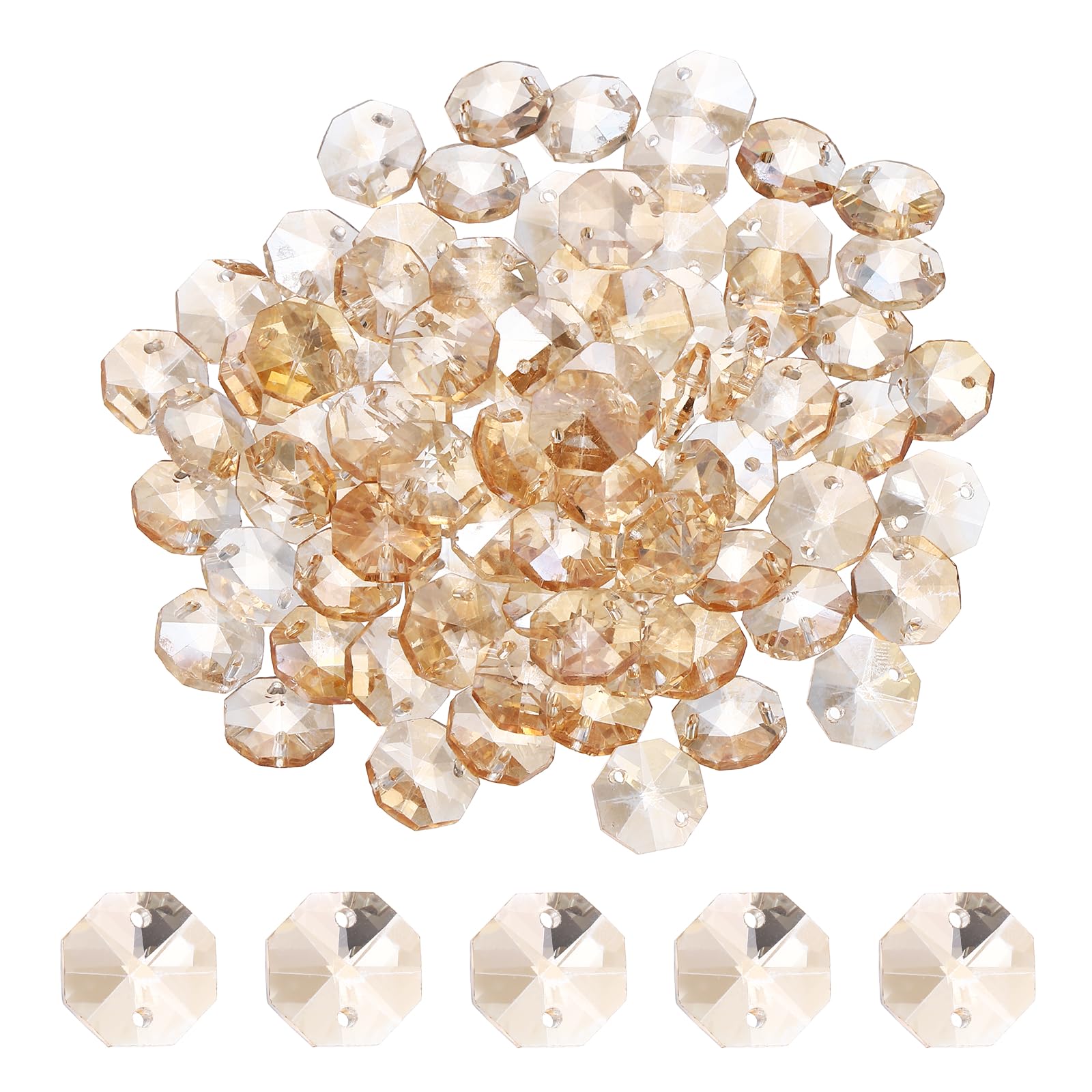 YELARXI 14mm Glass Octagon Beads, Sun Catcher Beads Bulk 2 Hole Sun Catcher Pendants 0.55" & 150 Pcs & Golden Champagne-Fitting for (Arts Crafts/Crystal Chandelier Repair/DIY Wind Chime)