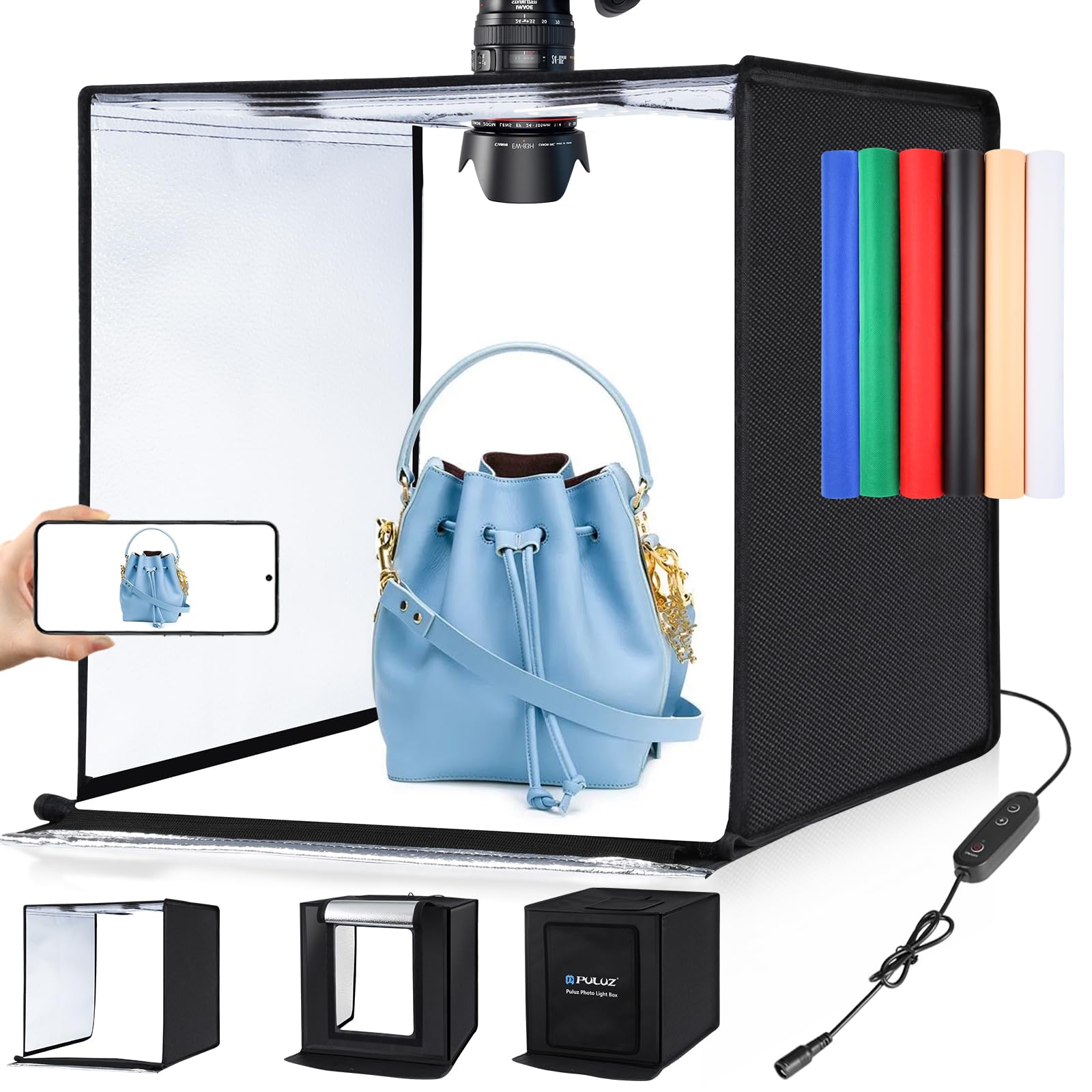 Photo Box, PULUZ 24"x24" Photo Studio Light Box for Photography Portable Large Lightbox Photo Booth Kit with 6 Colors Photo Backdrops-Dimmable 120pcs LED Beads, 5500K Lighting, US Plug