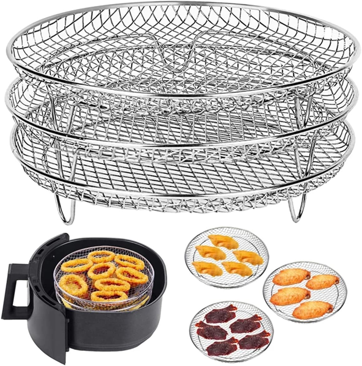NIHUIFDPY 3-Tier Stackable Air Fryer Rack for Ninja, 7.8 inch 20cm Round 304 Stainless Steel Dehydrator Stand & Multi-Layer Roasting Tray, Dishwasher Safe Accessories for Baking & Crisping — Amazon image 4
