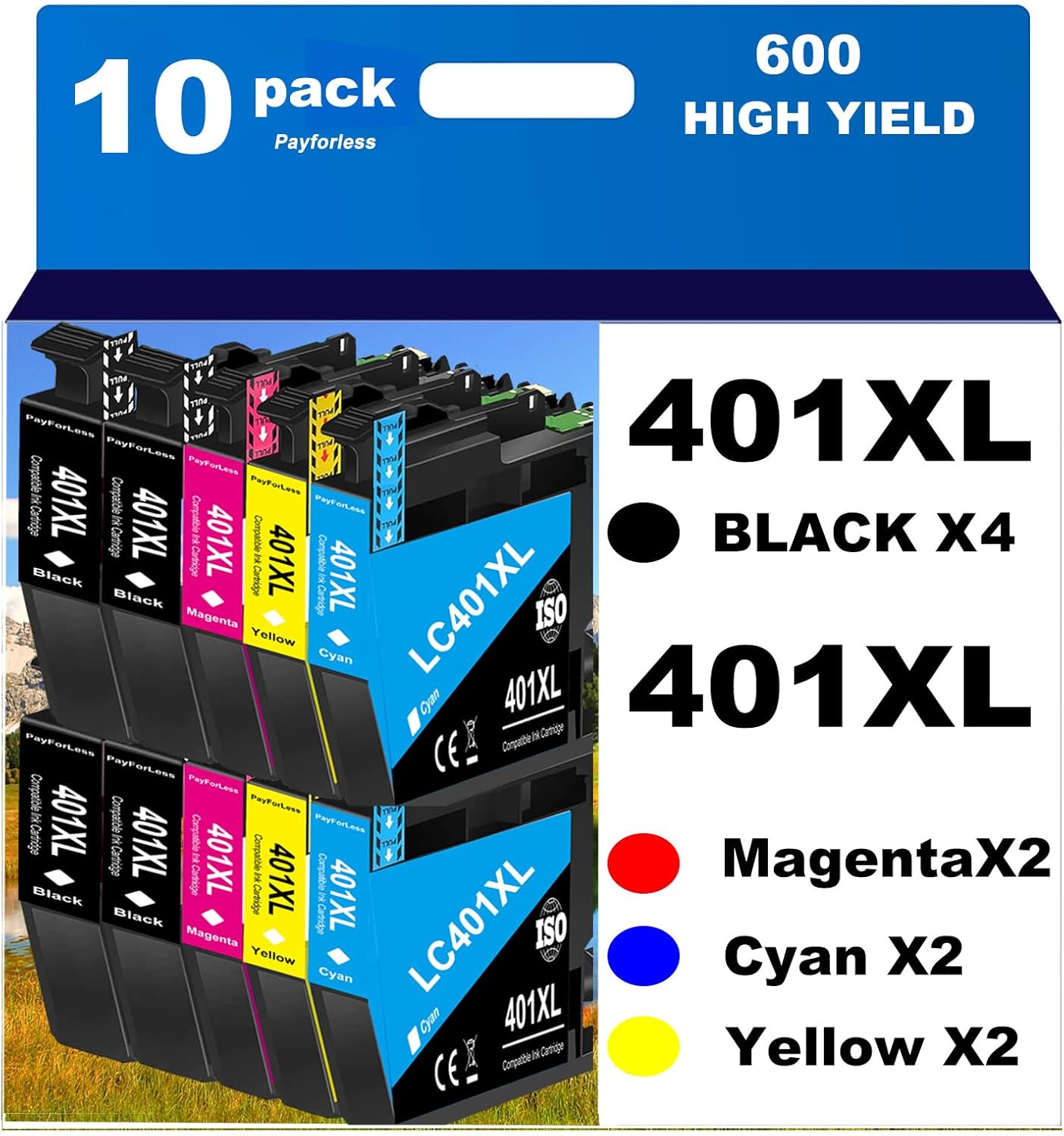 LC401XL Ink Cartridges for Brother Printer Compatible for Brother LC401 Ink Cartridges for Brother MFC-J1010DW MFC-J1012DW MFC-J1170DW Printer 10 Pack (4 Black, 2 Cyan, 2 Magenta, 2 Yellow)