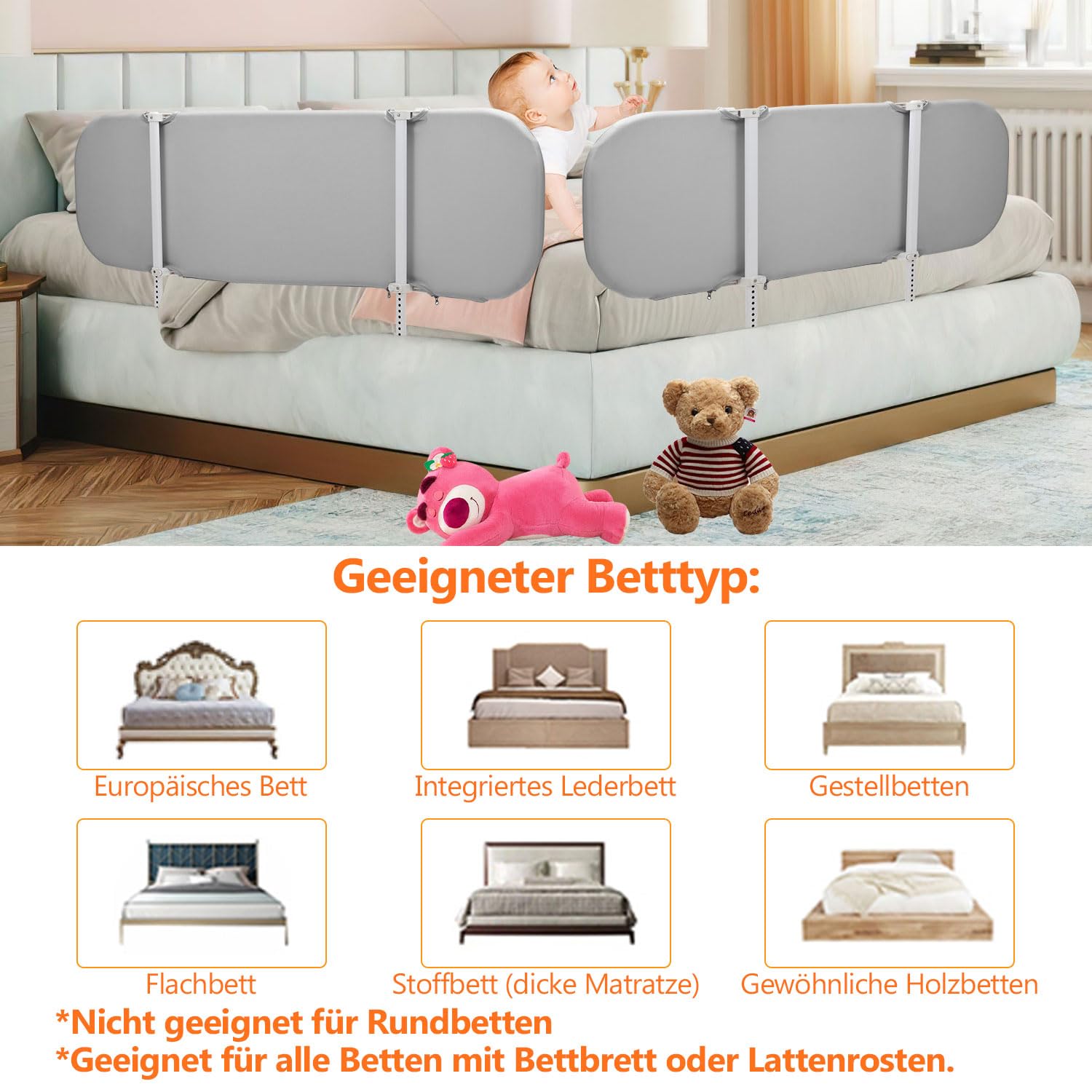 150CM Bettgitter Boxspringbett Klappbar,Bettschutzgitter Rausfallschutz für Kinder,Kinderbettgitter Höhenverstellbar,Schnelle Montage Babybettgitter für Kinderbett,Grau