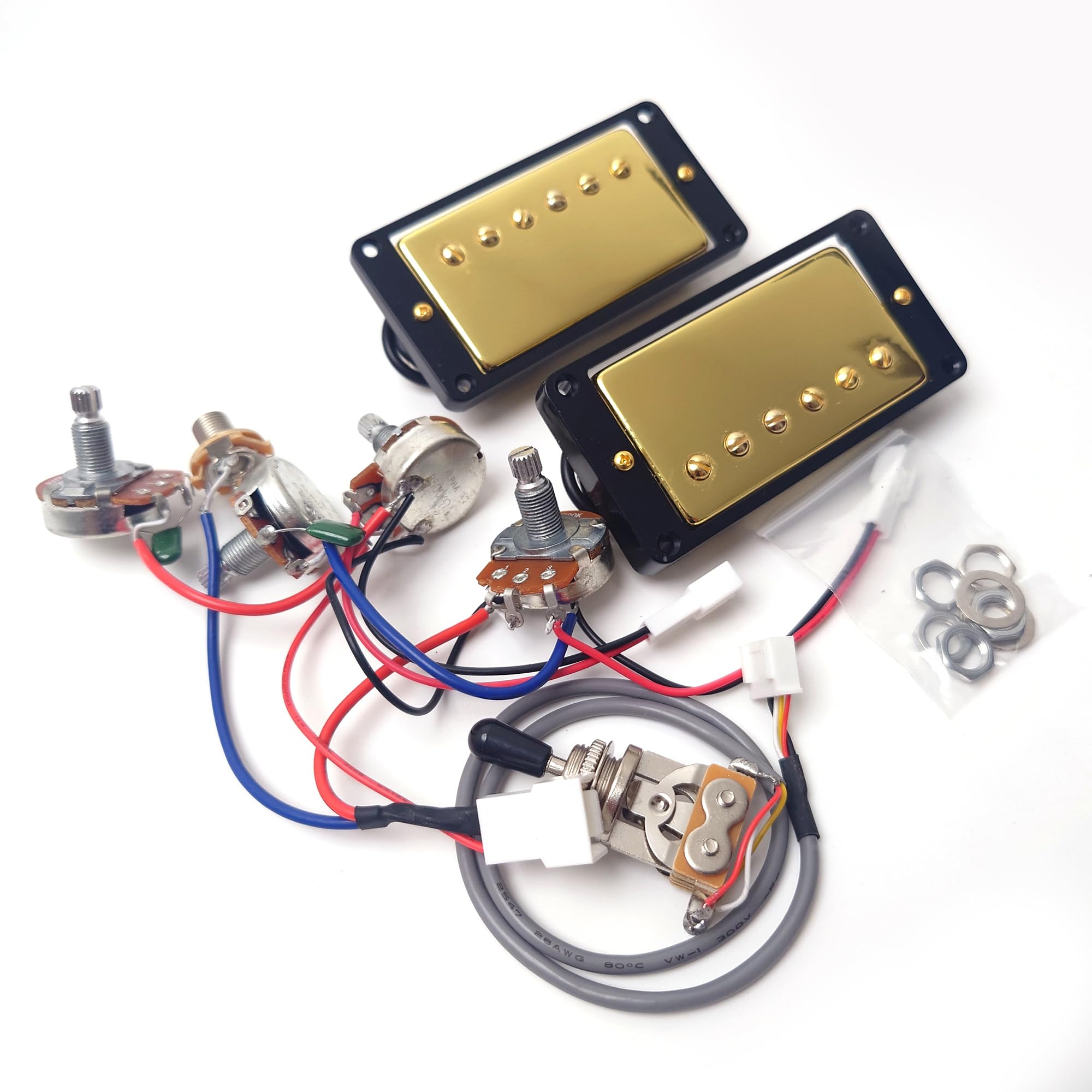 ProBucker Alnico 2 Humbucker zestaw przetworników złoty do przetworników Gibson Les Paul, przetworniki na szyję i mostek z 2-przewodowymi zaciskami szybkozłącznymi, wiązka przewodów 2V2T, ulepszenie