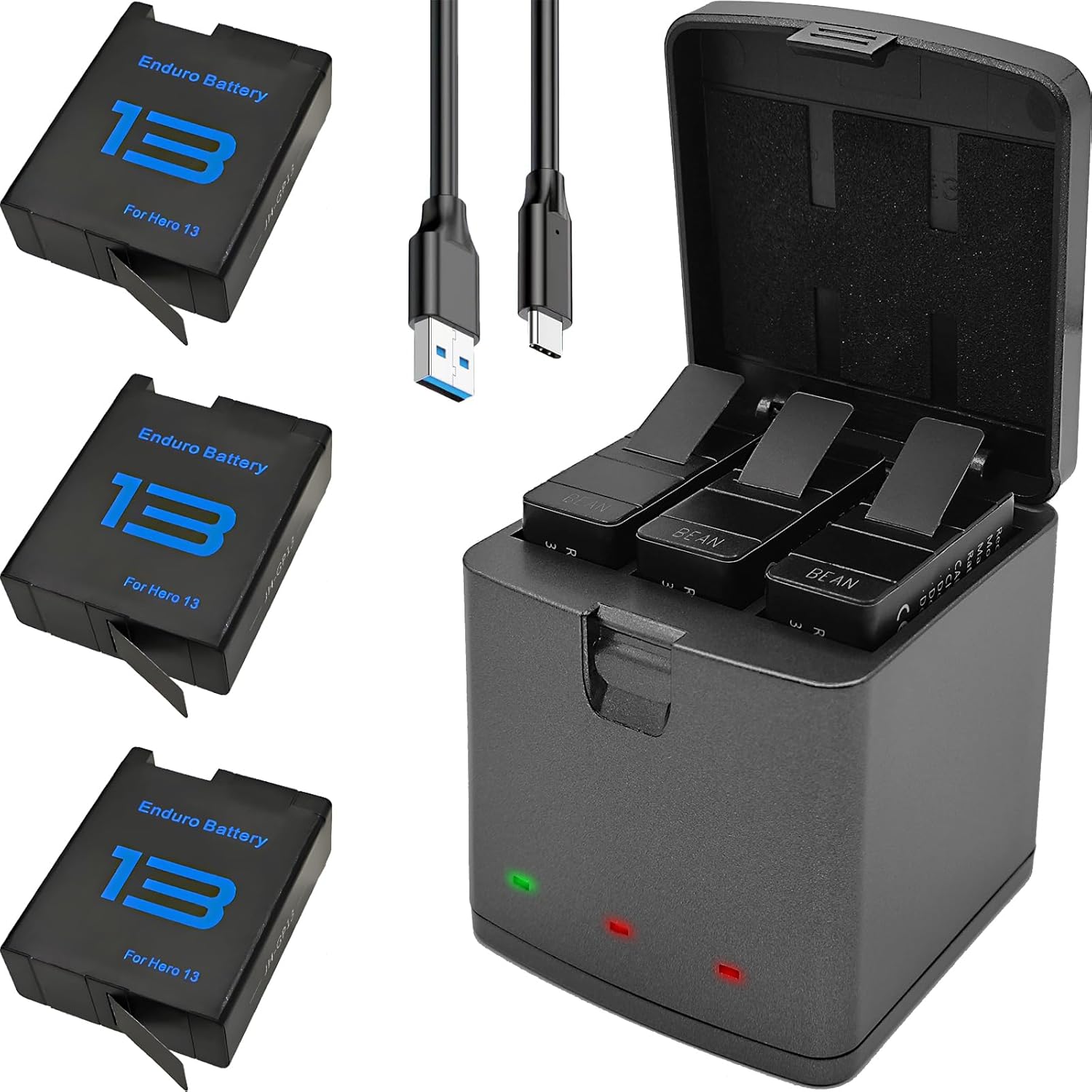 Battery Charger Bundle Kits for GoPro Hero 13 Black - 3 Pack Enduro Rechargeable Extra Batteries for Go Pro Hero13 GoPro13 Triple Charging Case Charger Station