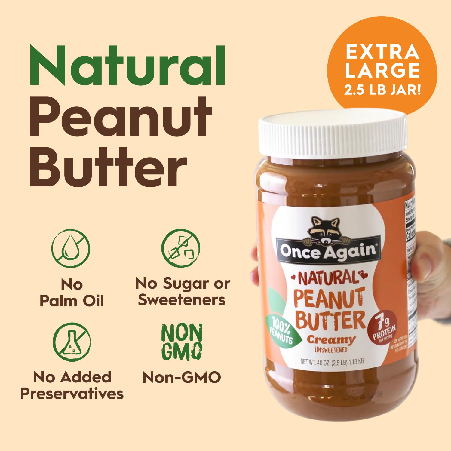 Once Again Creamy Natural Peanut Butter, Salted, No Sugar Added - Large 2.5 Pound Jar - Sugar Free Creamy Peanut Butter, No Palm Oil - Smooth and Unsweetened - 1 Jar (40 oz)