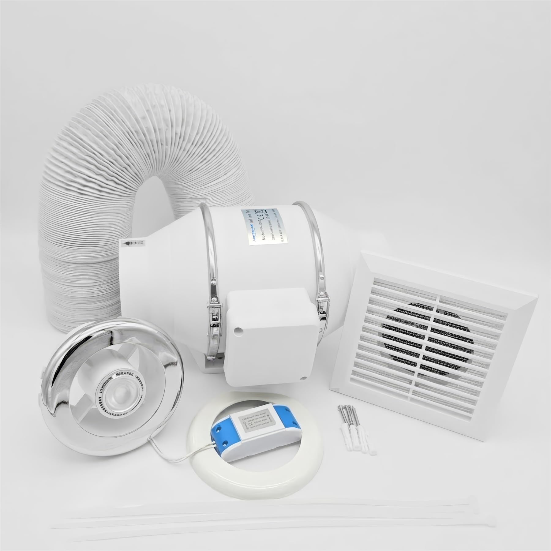 FlowMax Turbo 100mm Shower Extractor Fan with Light – Inline Bathroom Extractor Fan Kit with LED & Adjustable Timer – Single Speed - Silent High Power Ventilation - Ceiling/Loft Exhaust Fan