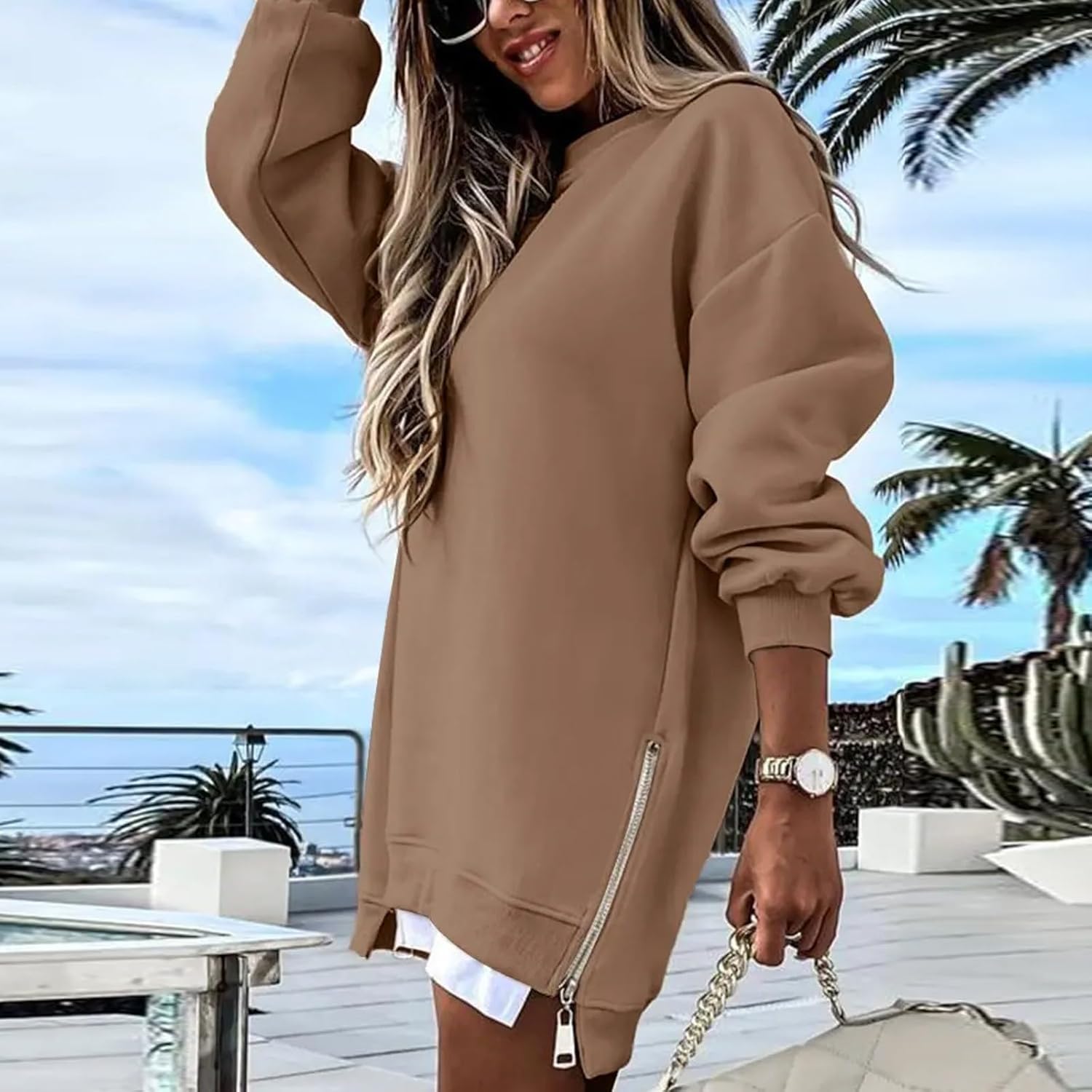 Oversized Sweatshirt for Women Trendy Side Slits Zipper Crewneck Sweatshirts Y2k Off The Shoulder Long Sleeve Tops - Image 2