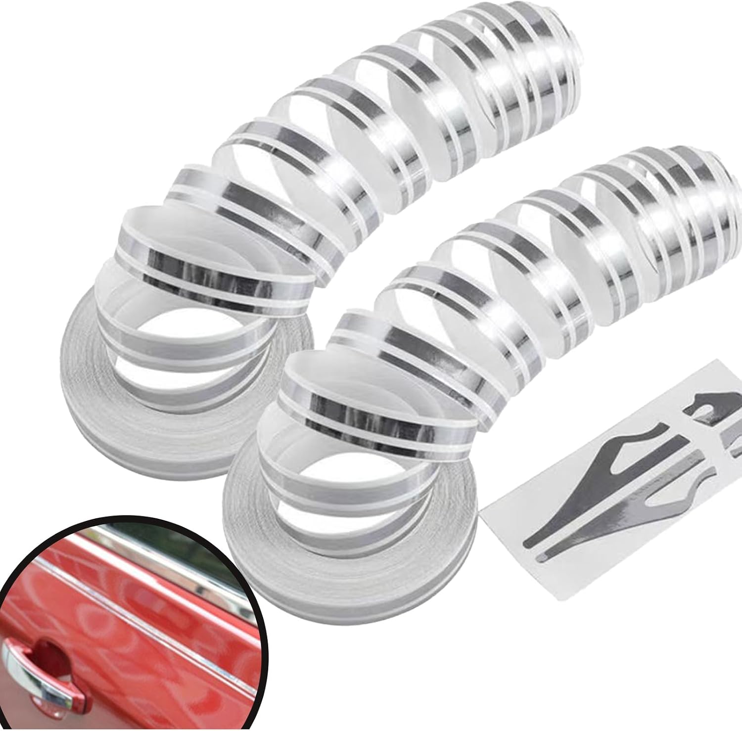 2 Pcs 32 Ft Silver Car Waistline Body Pinstripe Sticker, Striping Tape for Cars, Motorcycles, Boats, Musical Instruments