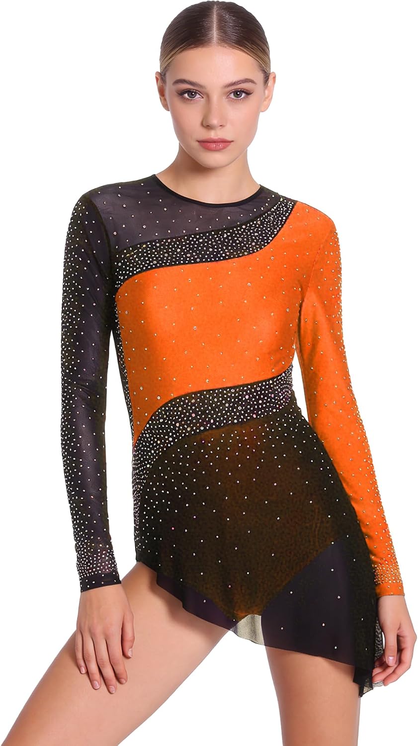 Women Shiny Rhinestones Figure Ice Skating Dress Long Sleeve Irregular Hem Ballet Lyrical Dance Dress